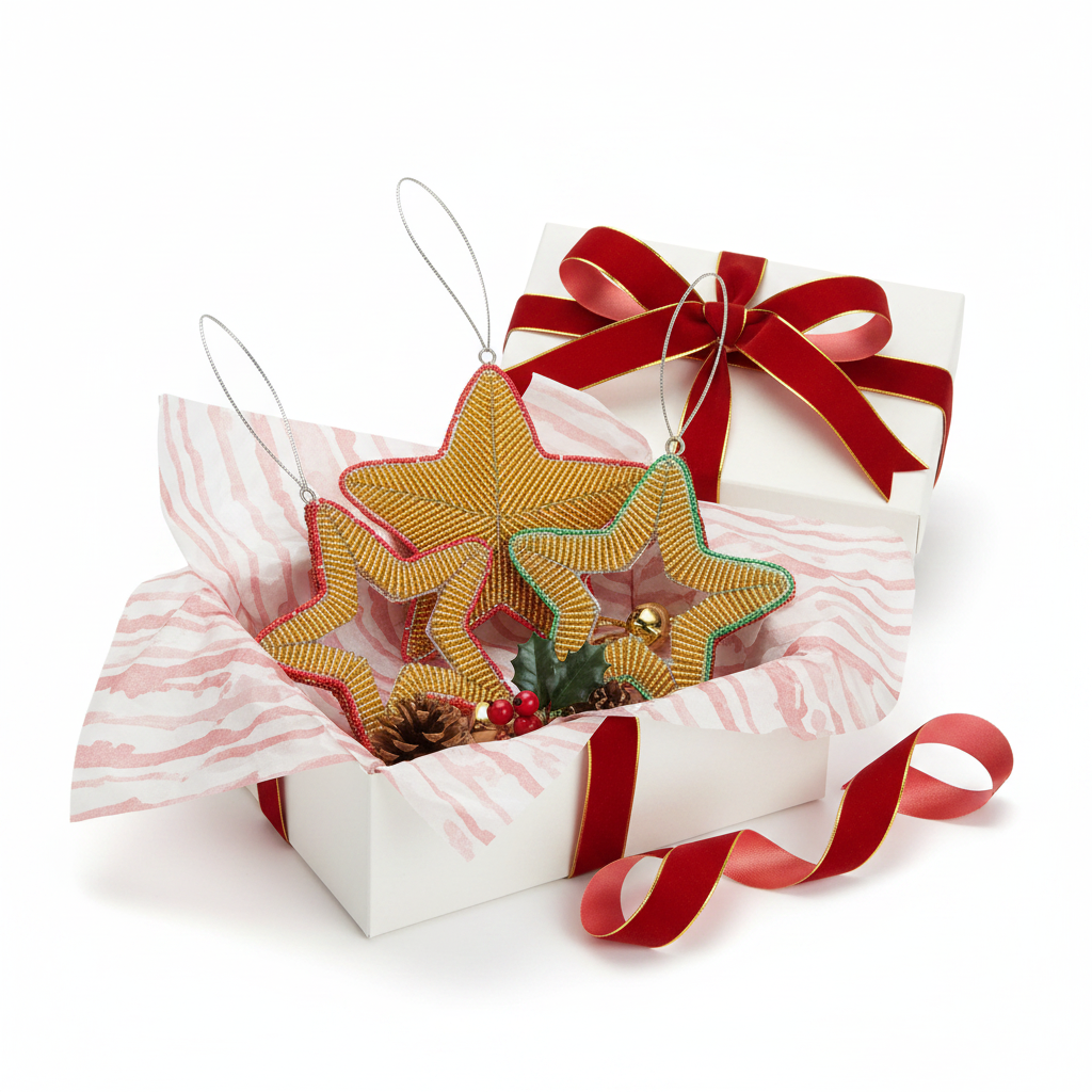 Handmade beaded star ornament set of 3 in a holiday gift box – artisan Haitian Christmas ornaments, white background