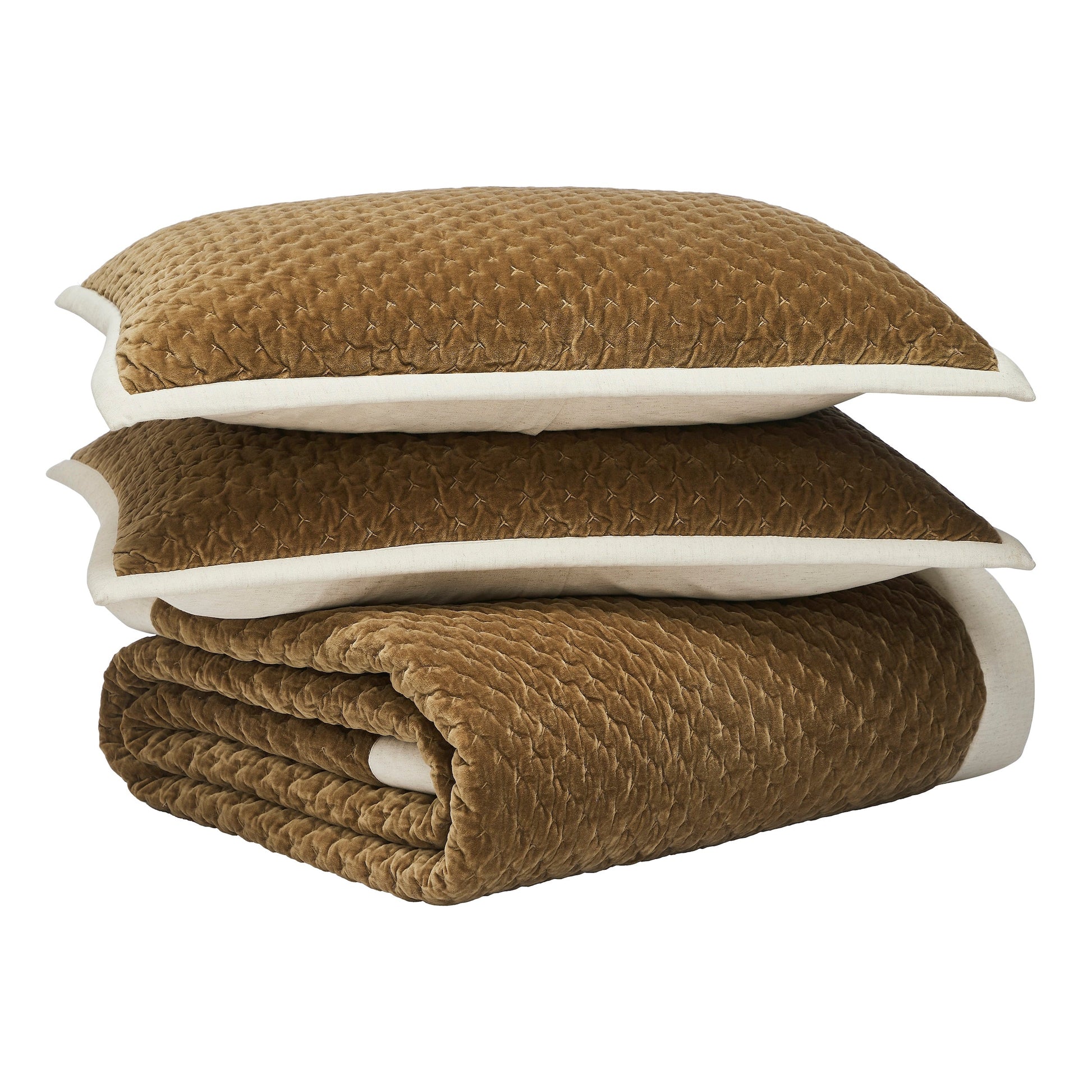 SS-378-2026_3|Coordinated brown velvet quilted bedding set, featuring two plush pillows and a folded quilt for luxurious bedroom styling.
