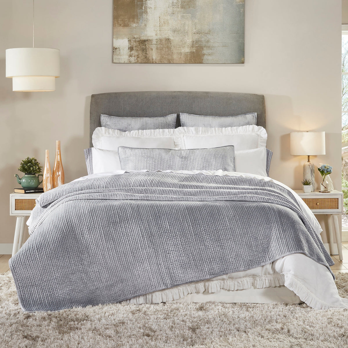 CL-159-11096_4|Close-up of a luxurious navy textured coverlet, revealing its elegant ribbed pattern and soft, high-quality fabric.