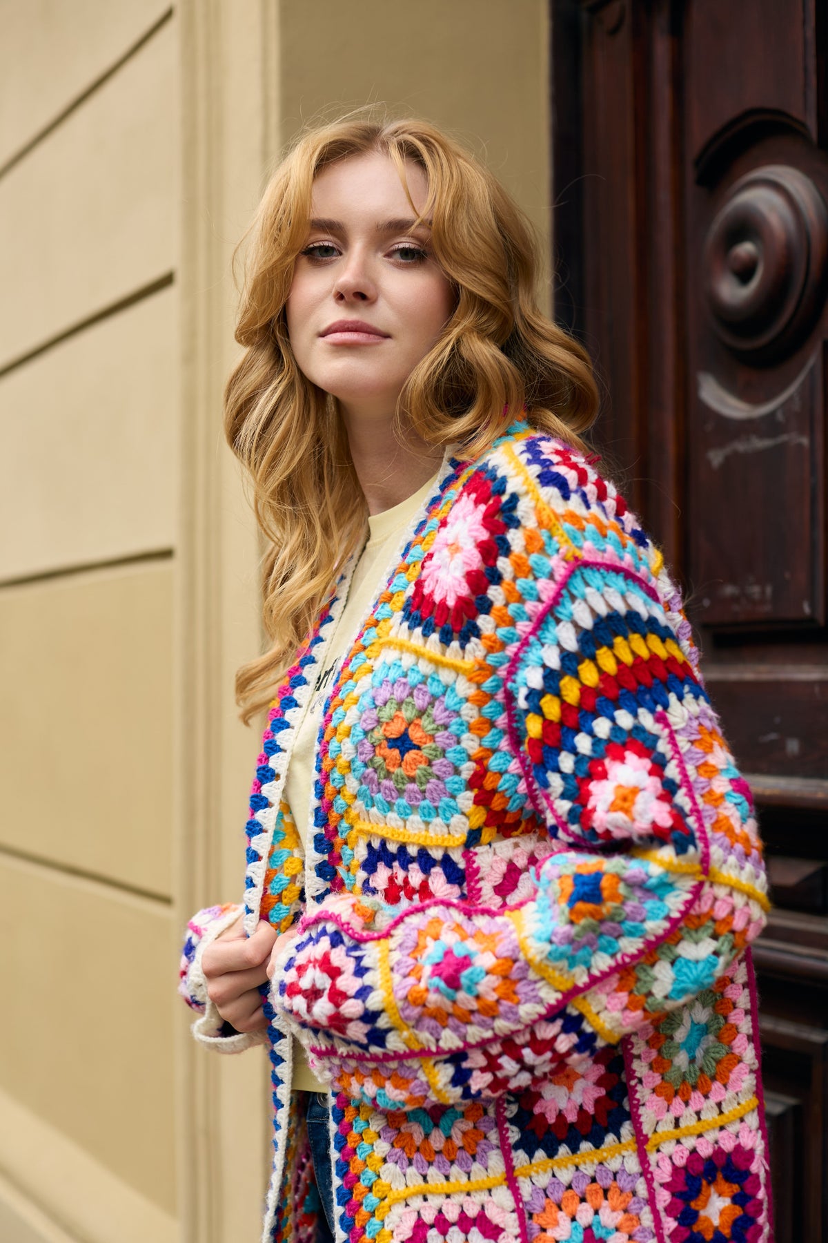 Crochet Multicolored Square Kimono - Ivory