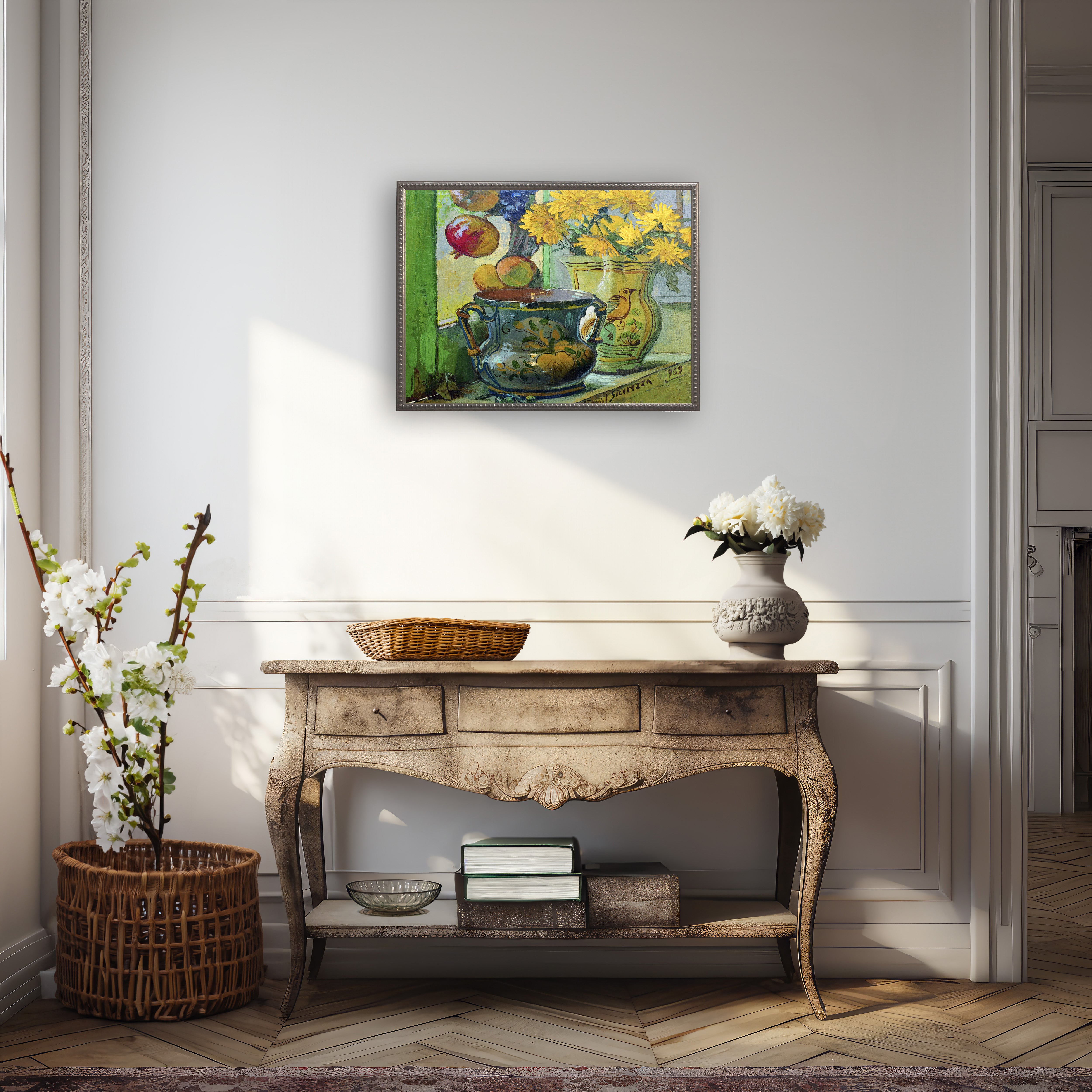 Flowers and Painted Vases in Gold Beaded Frame