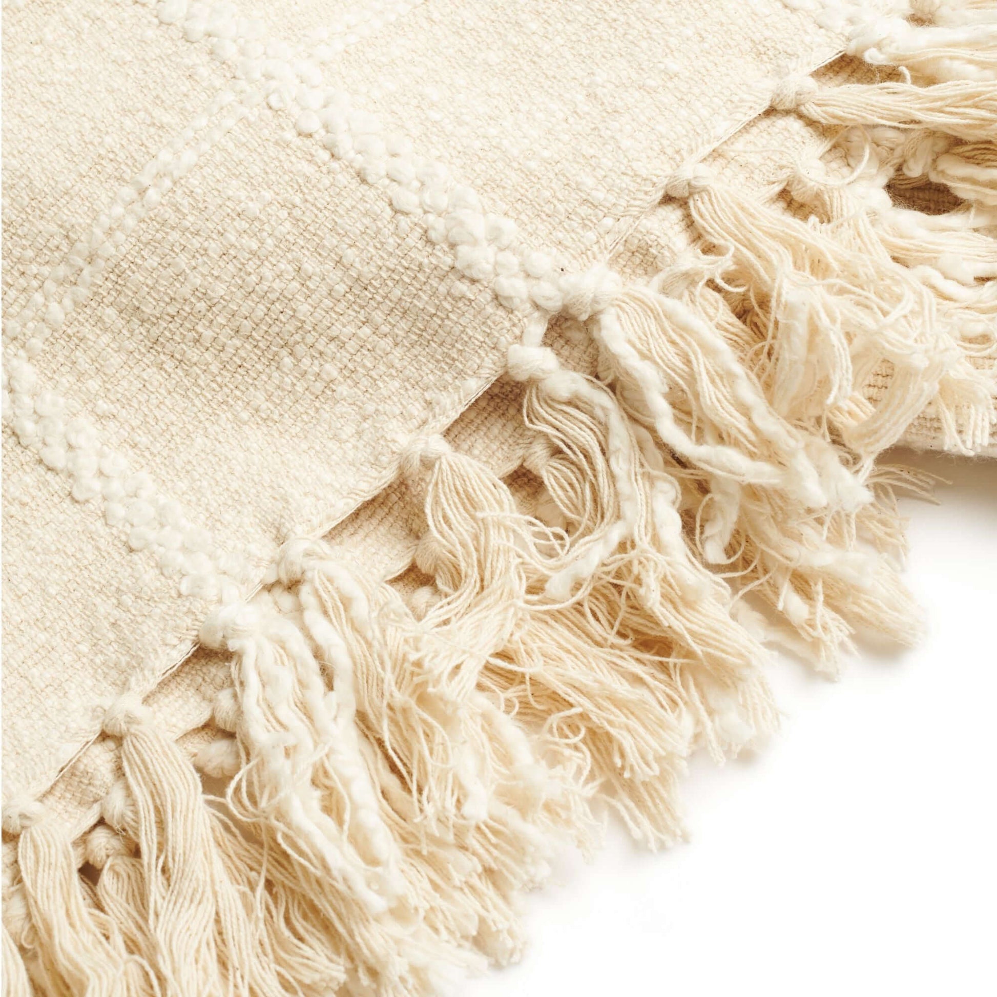 Close-up of the Sea Shell White Textured Checks Handloom Throw showcasing its checked texture and hand-rolled fringes.