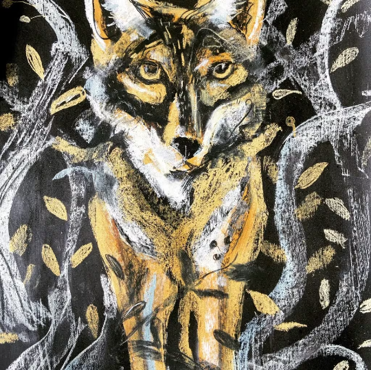Coyote Print, Folky Whimsy, Moonlit Wilderness, Coyote walking in the grass - Leopard Frog