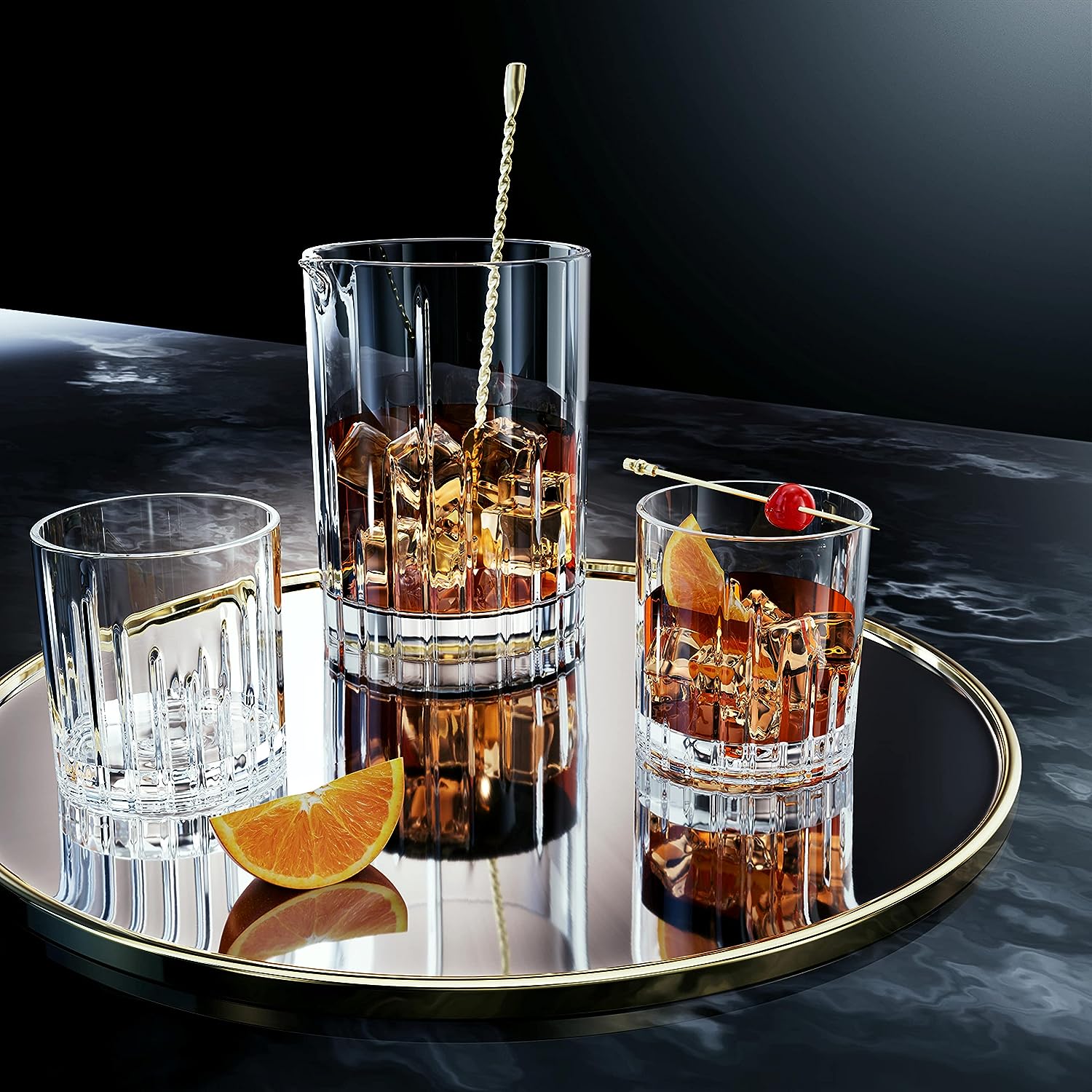 Whiskey in glass and pitcher with lemon & ice cube