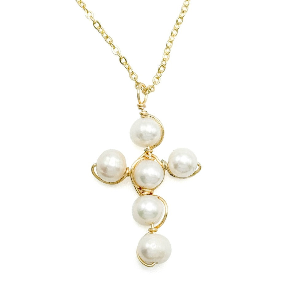 Pearl cross gold long necklace