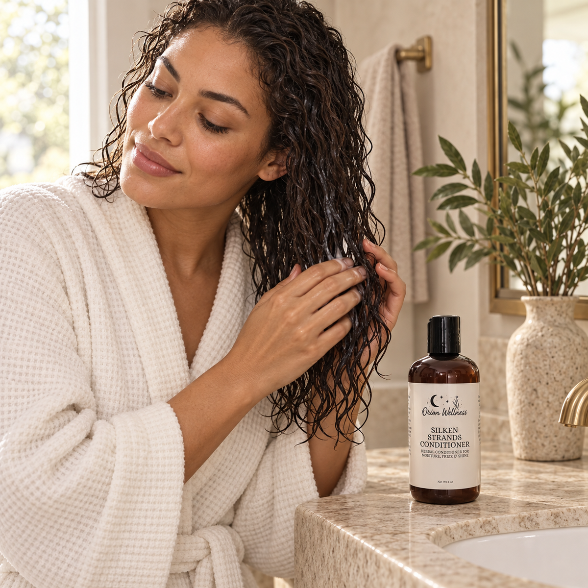 Silken Strands Conditioner in use, included in Silken Strands Hair Ritual Duo