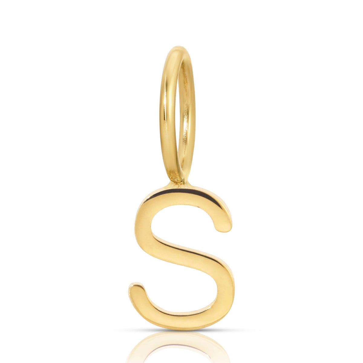 A Gold Letter Charm in yellow gold in the letter S on a white background.