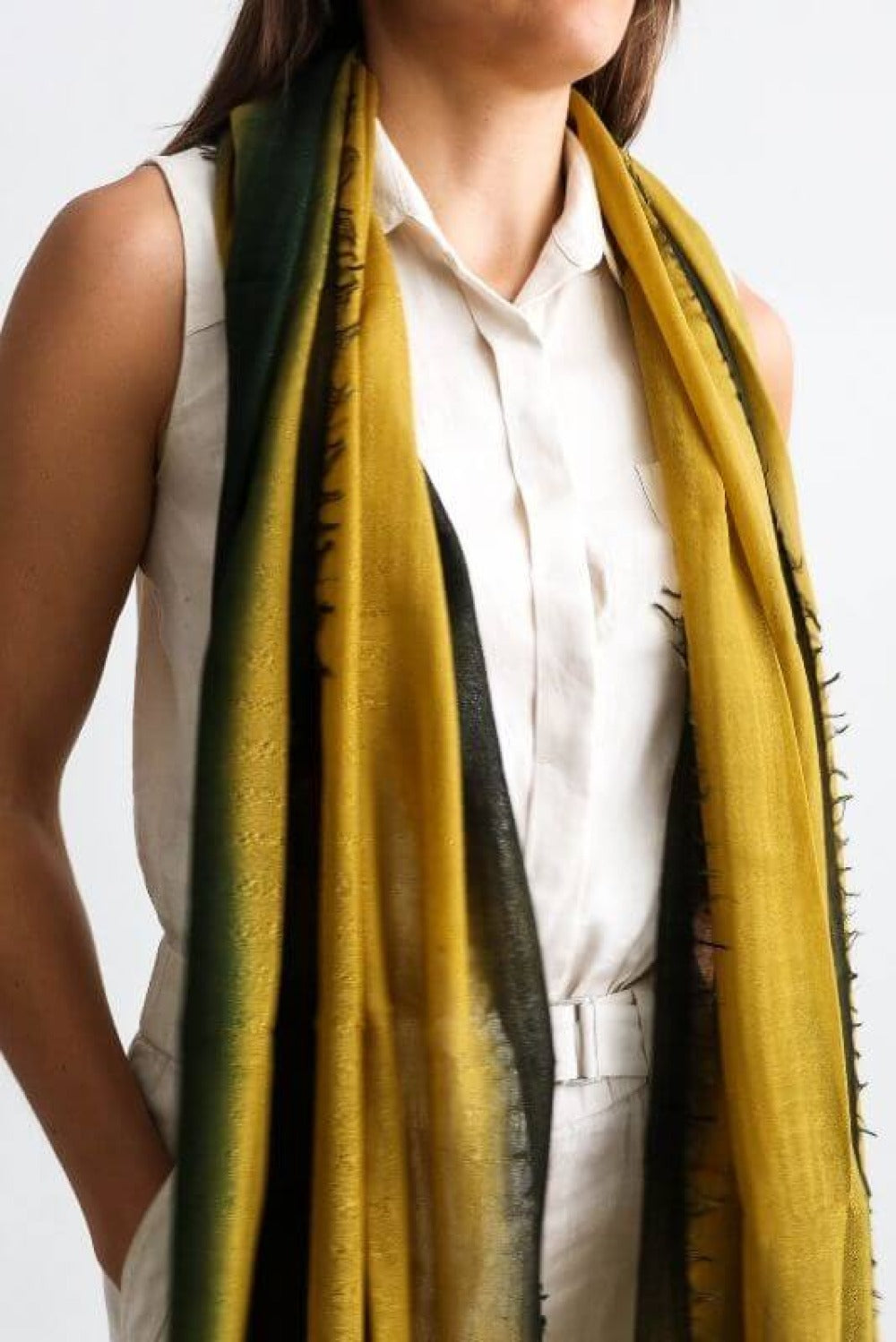 Iris Topaz Yellow Olive Green Cashmere Merino Soft Handwoven Modern Artisanal Scarf close-up showing topaz yellow and olive green hues.