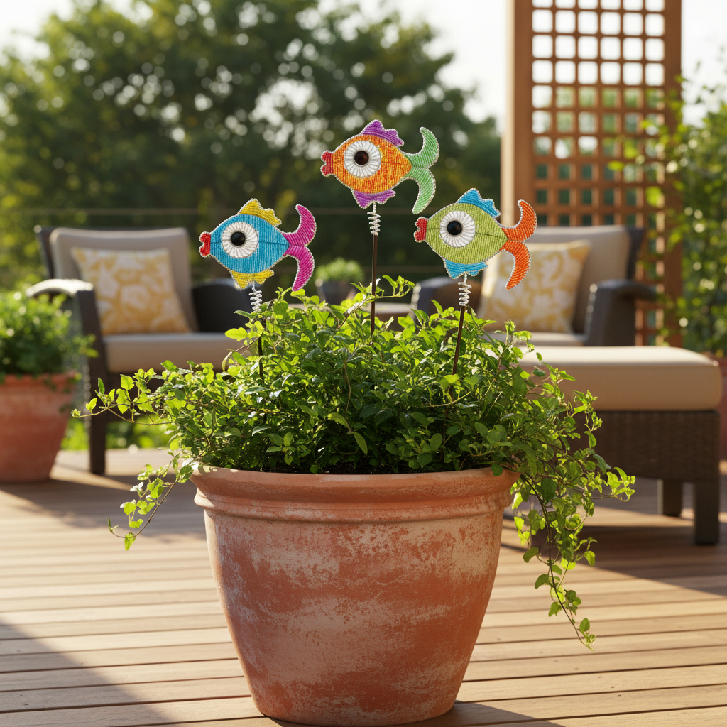 Handmade beaded fish garden stakes in a terracotta pot on a sunny patio – 12FSHST1