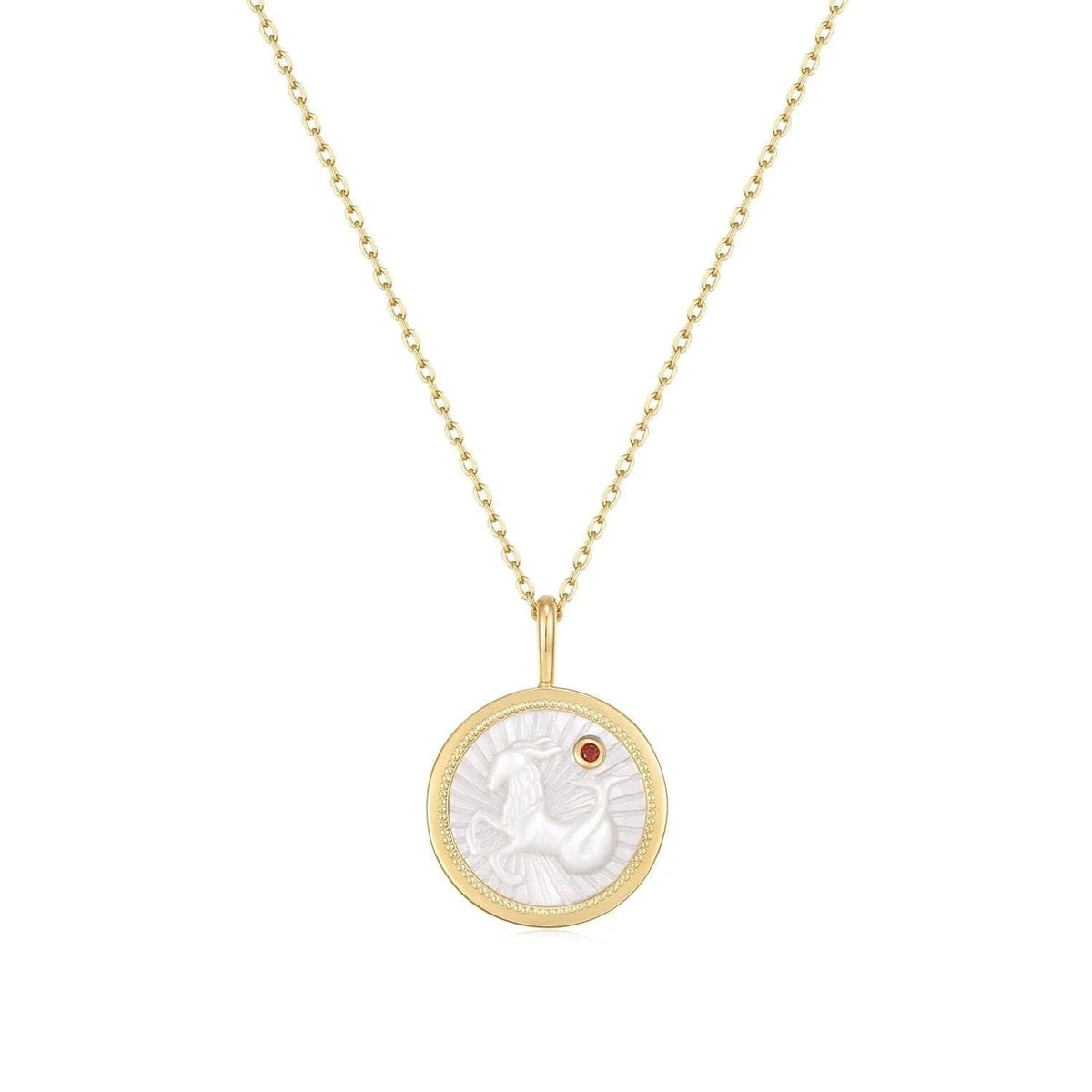 Gold chain necklace with Capricorn zodiac pendant and Mother Of Pearl accent