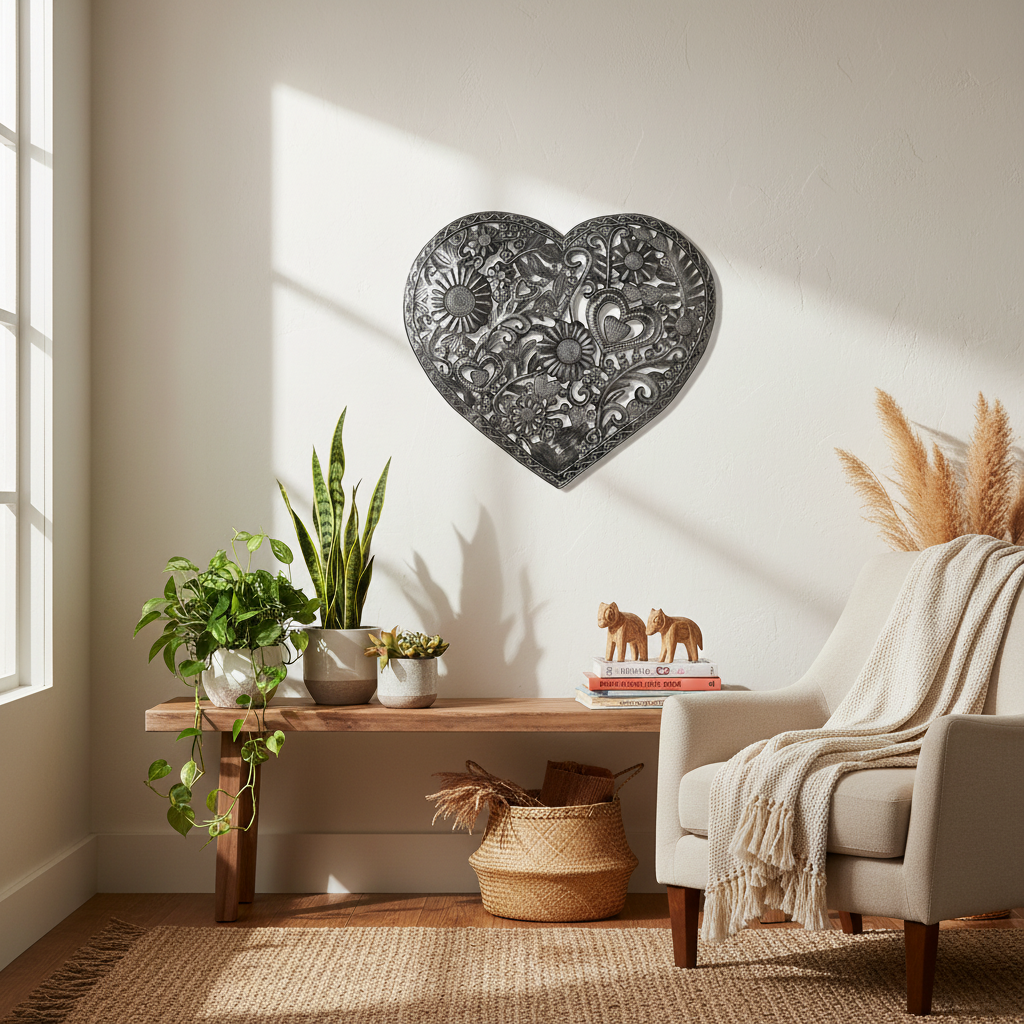 Hearts Galore Haitian metal wall art hanging in a bohemian living room with natural light and plants