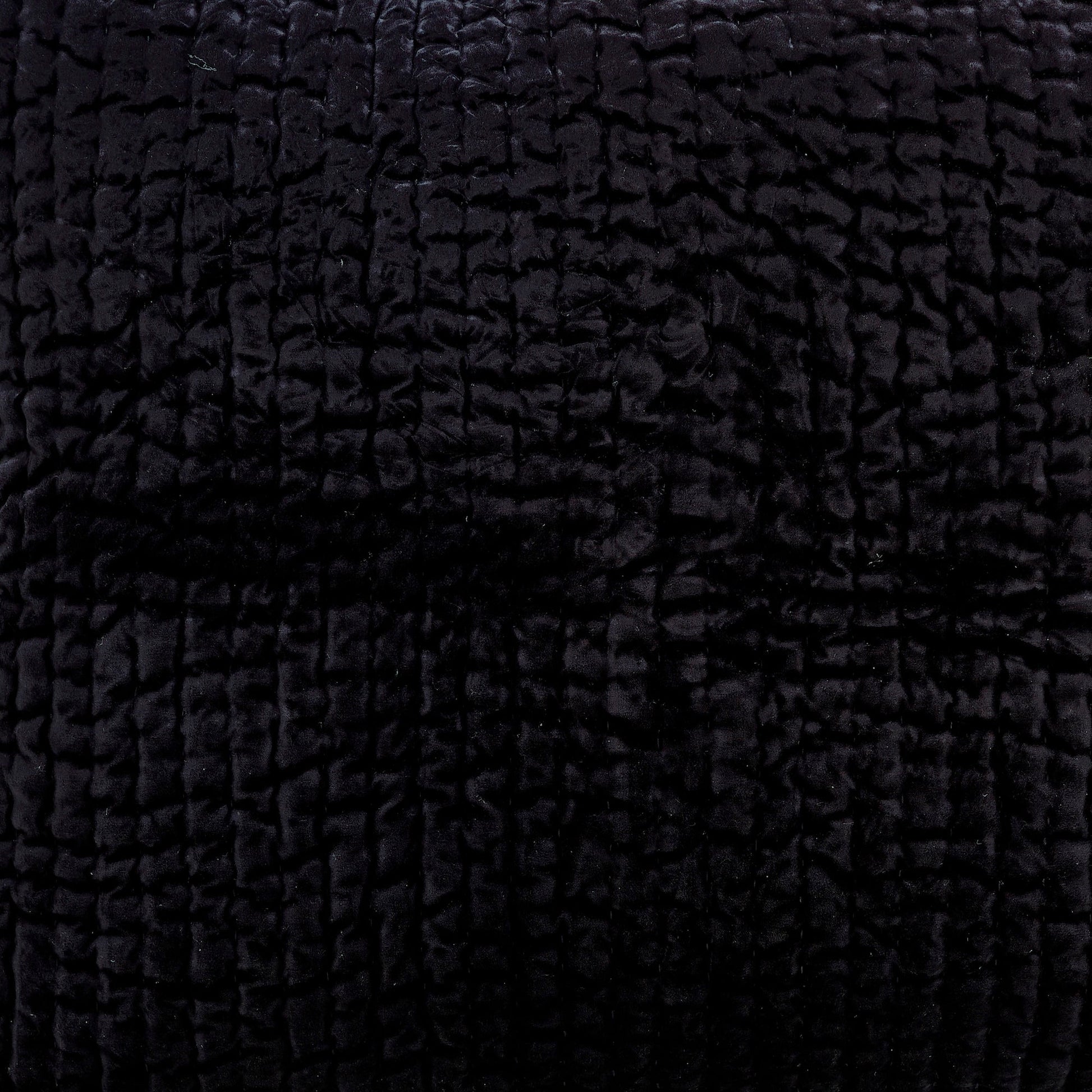 SS-361-2026_2|Close-up of rich black velvet quilt texture, showing deep vertical channel quilting and luxurious fabric.