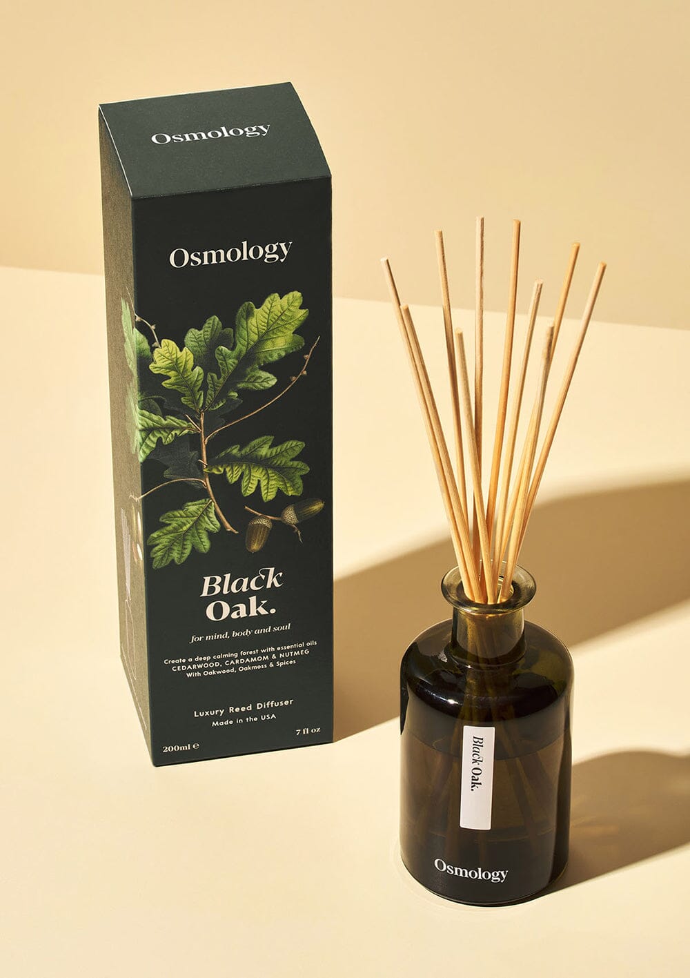 Osmology Black Oak reed diffuser with product packaging on white background