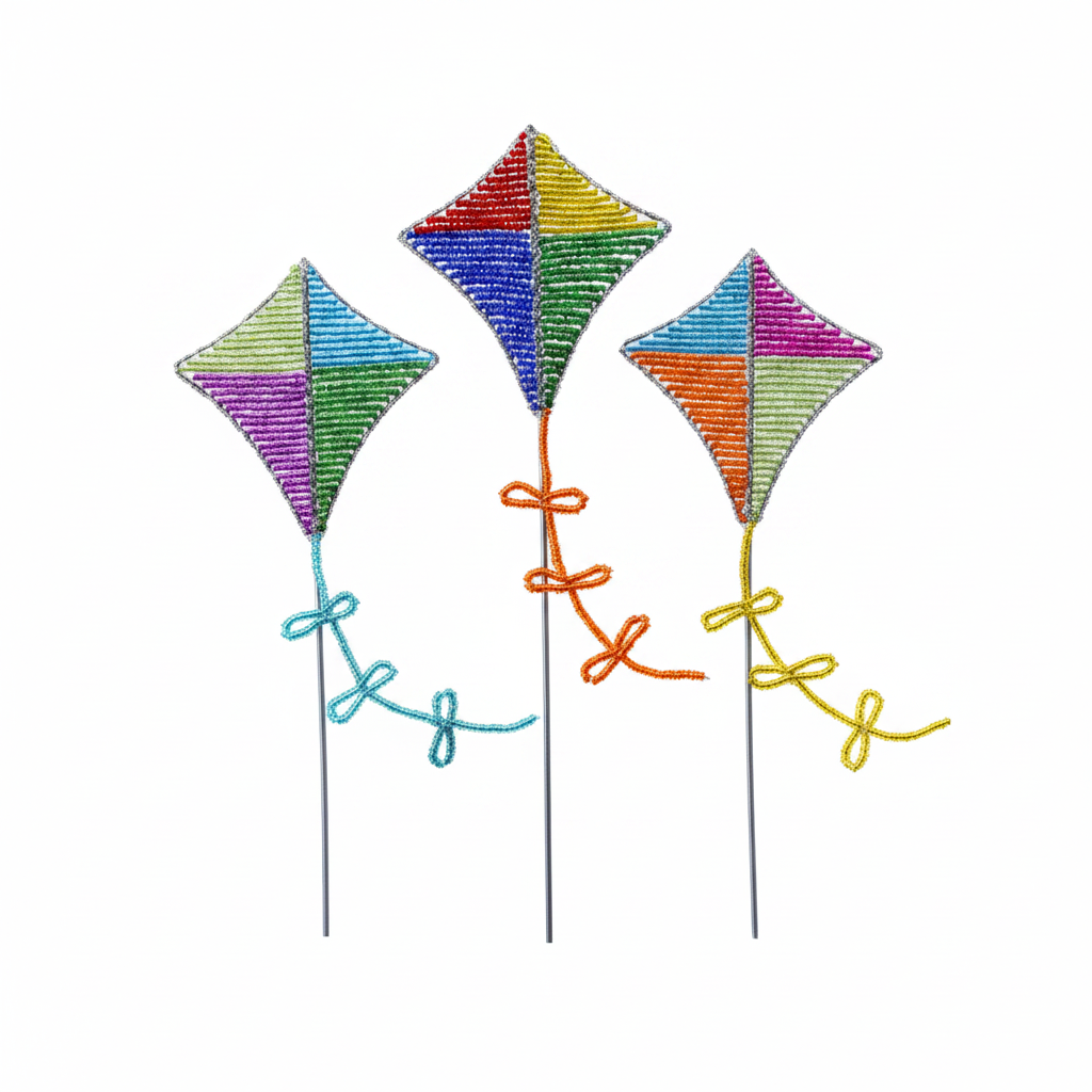Colorful beaded kite garden stakes set of 3 on white background