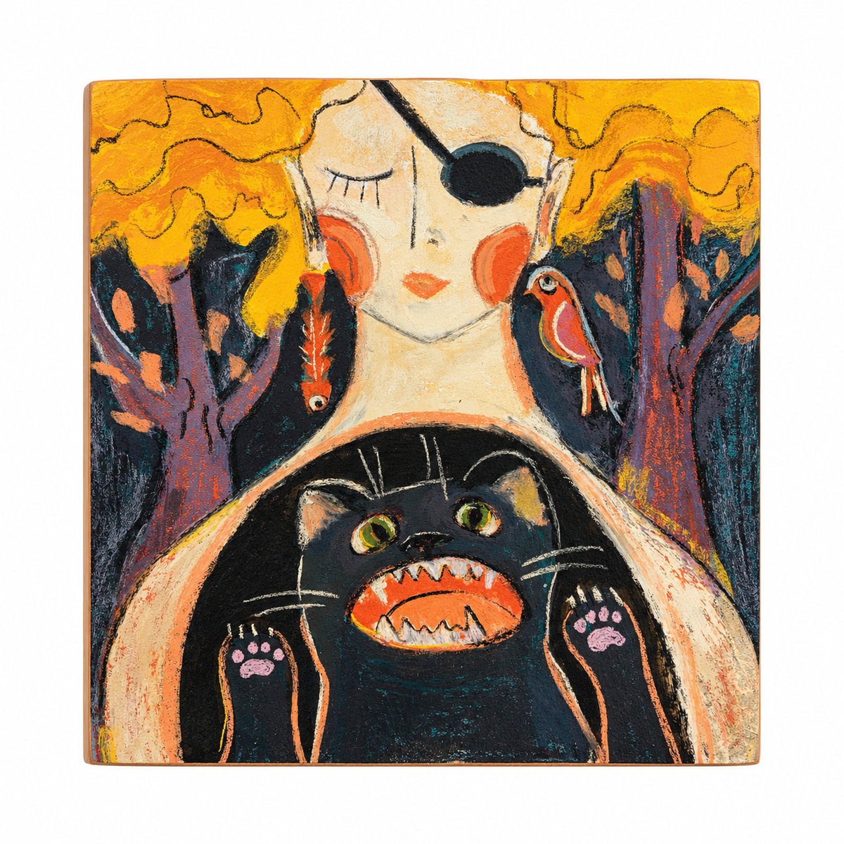 Inner Animal art print: a woman with a black cat, whimsical pastel painting on gesso board