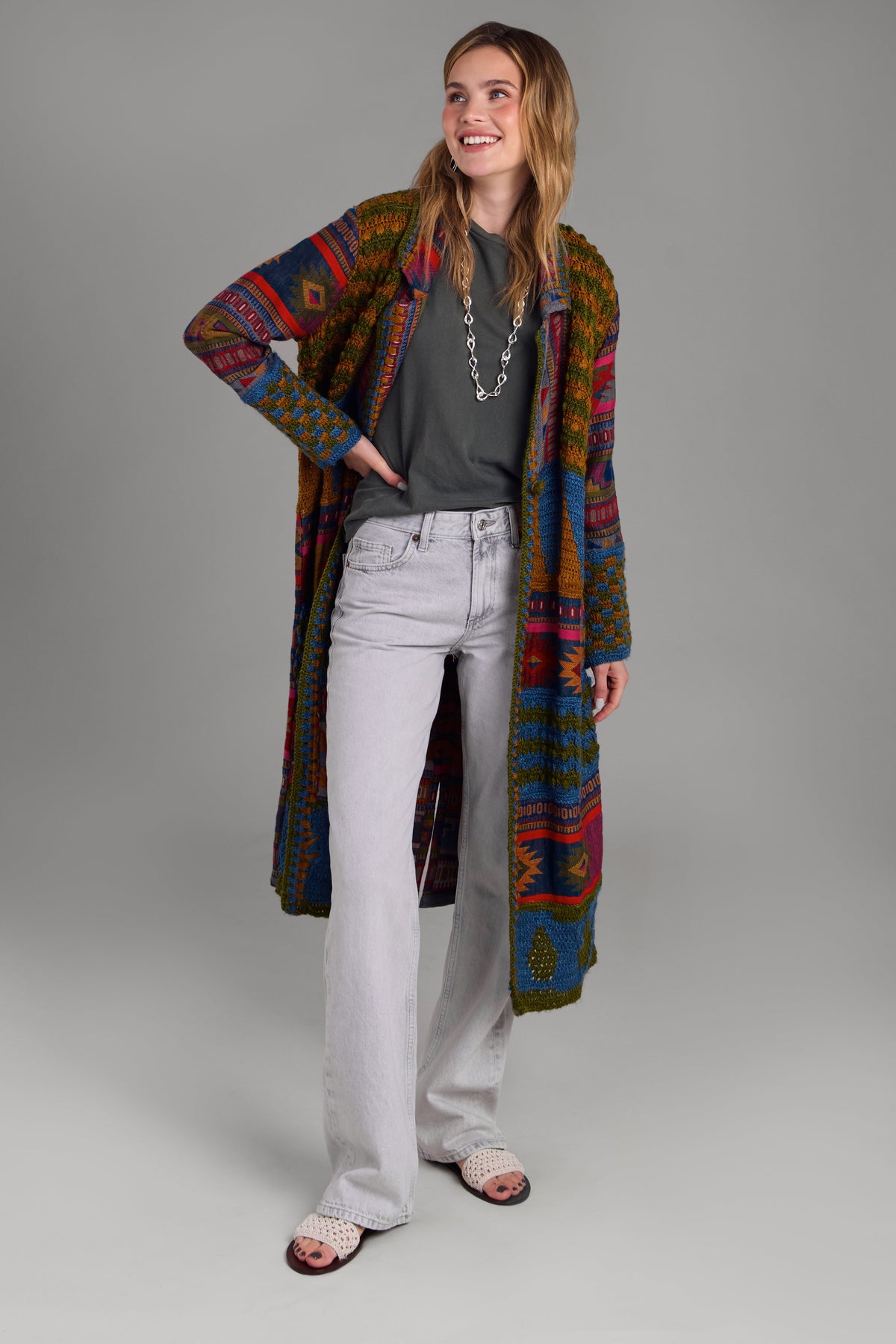 Crochet Woven Aztec Kimono - Dark Multi