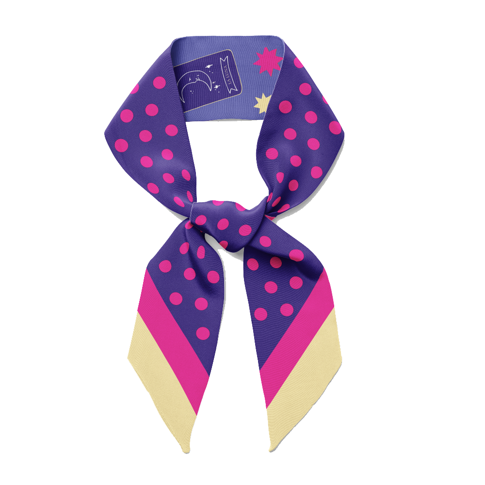 Fortune twilly silk scarf skinny ribbon on blue, with white and hot pink touches, is full of lucky charms, maneki cat, tarot card, black cat, crossing fingers, dice and more. Double sided