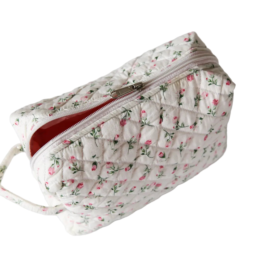 Cloud Rose Make-up Bag Large — cloud rose floral quilted cotton travel pouch, angled view with wrist strap