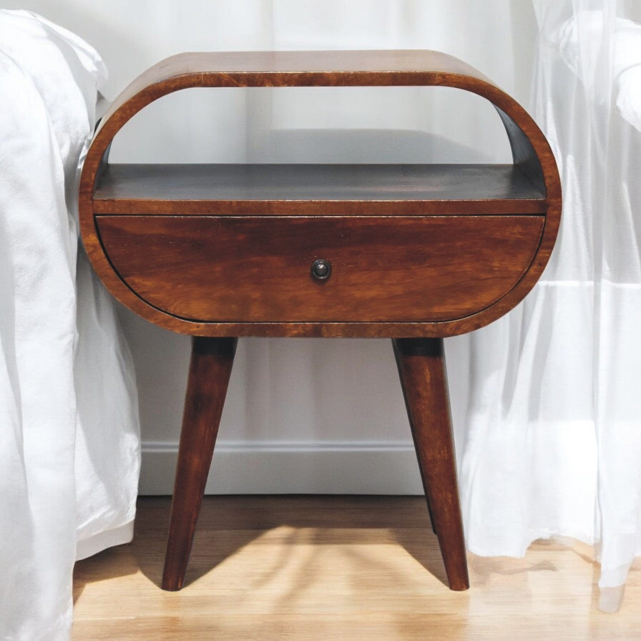 Solid Wood Large Circular Bedside, 1-Drawer, 1 Open Slot, Chestnut, Brown