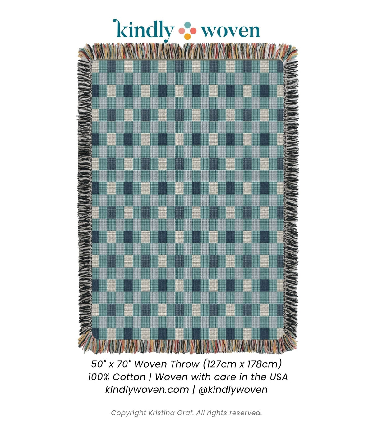 Full view of Tilda Bayberry blue and cream check woven throw blanket with fringe