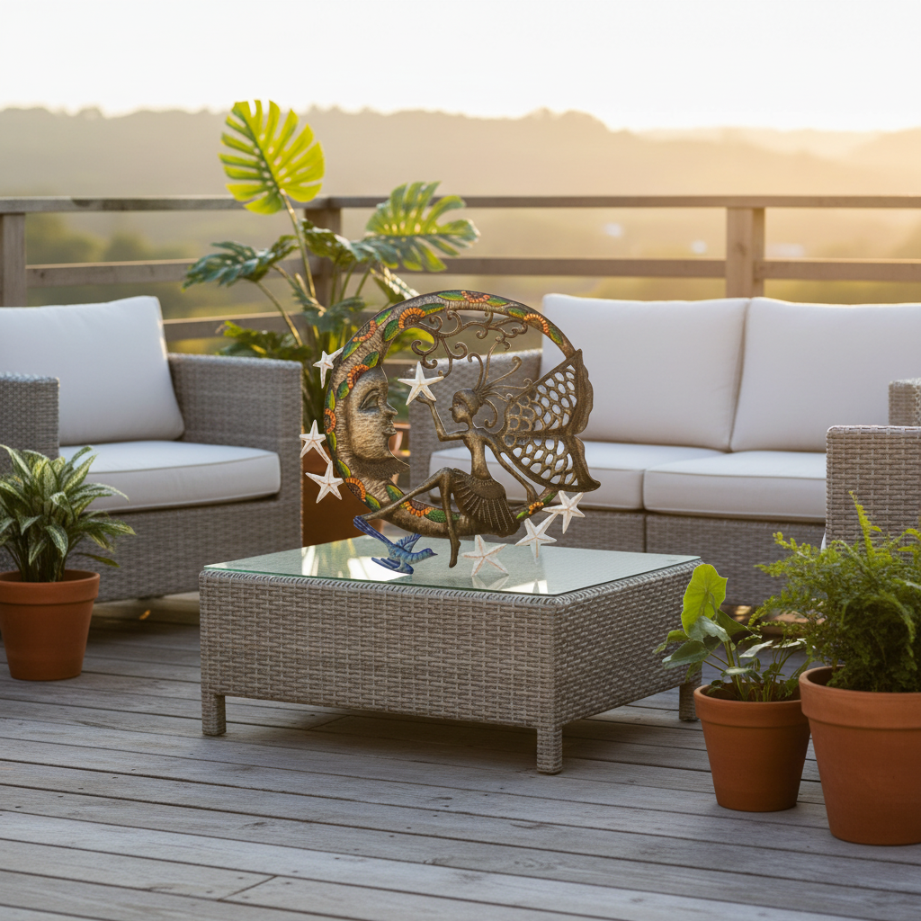 Painted Heavenly Bodies celestial metal art on outdoor patio at golden hour