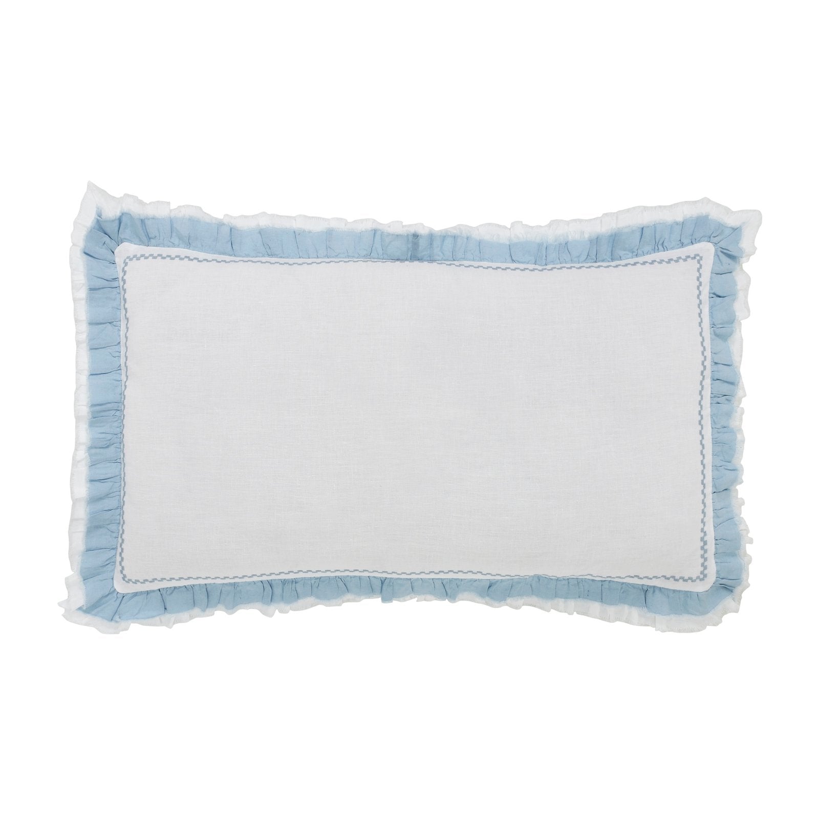 KS-028-2036_1|White linen duvet cover with elegant blue ruffled edges and delicate trim, adding a charming touch to bedding.