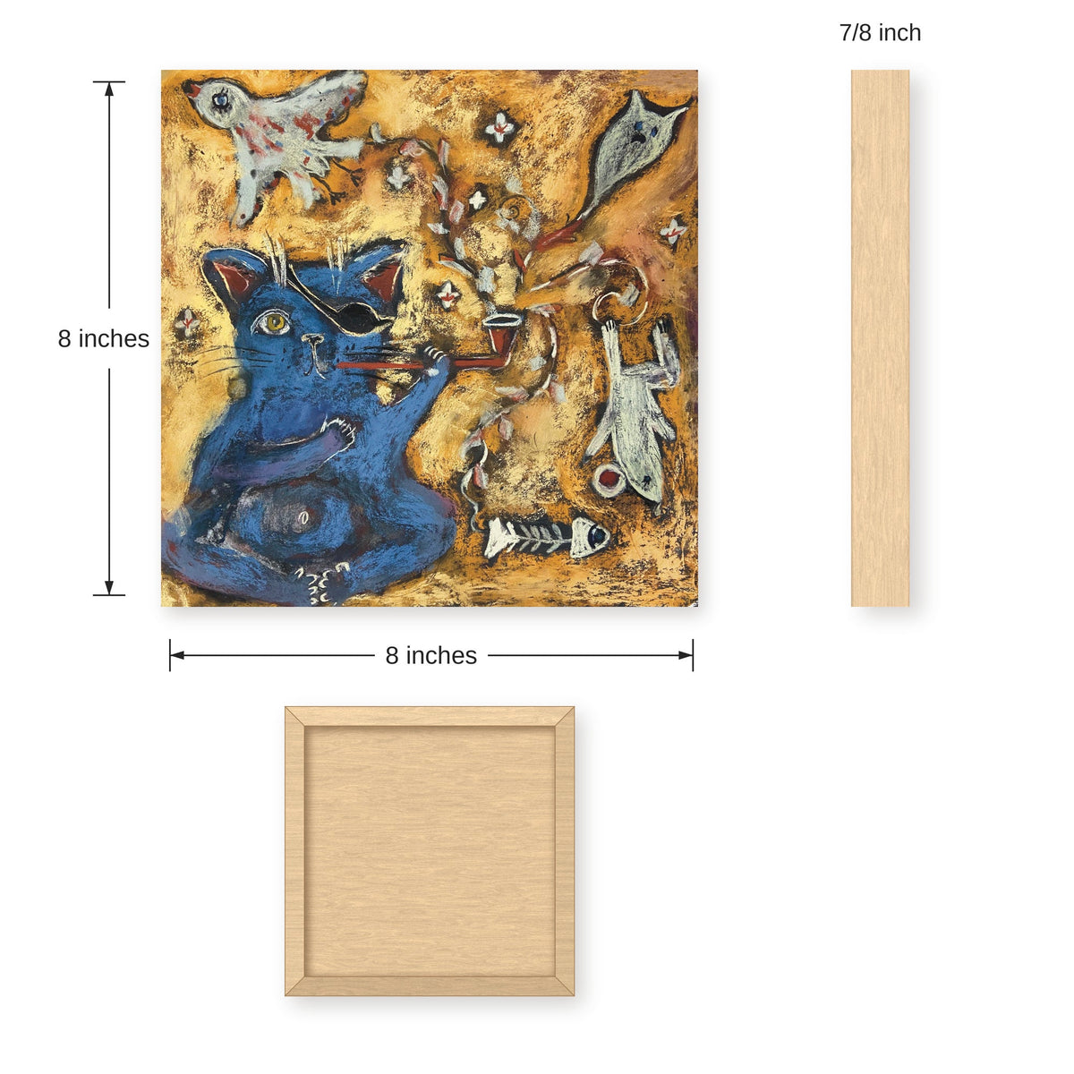 Smoking Cat blue pirate cat with pipe art print, size guide with front, back and side dimensions