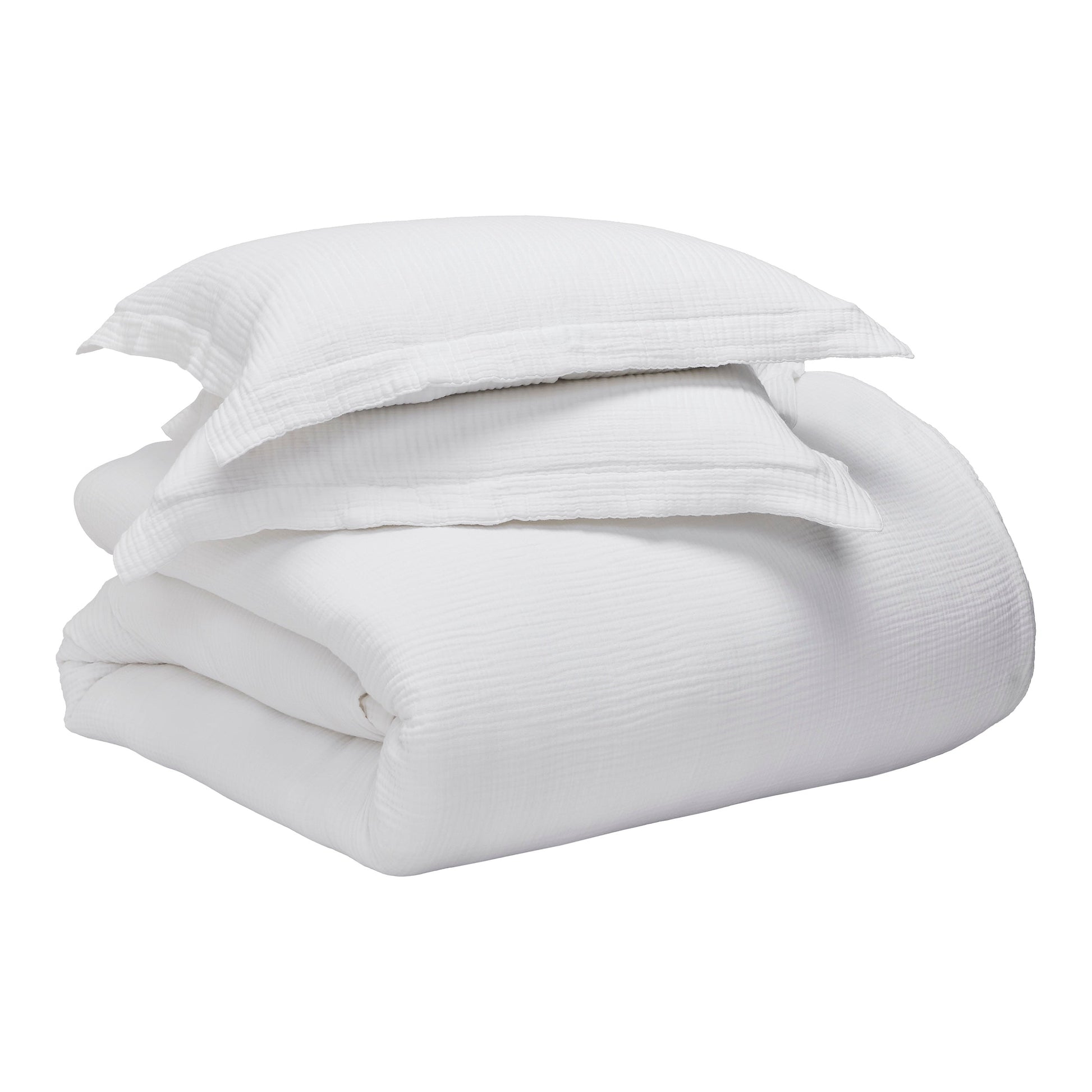 DT-048-10692_9|Crisp white crinkled cotton gauze duvet cover set, folded with two matching shams, ready for a cozy bedroom upgrade.