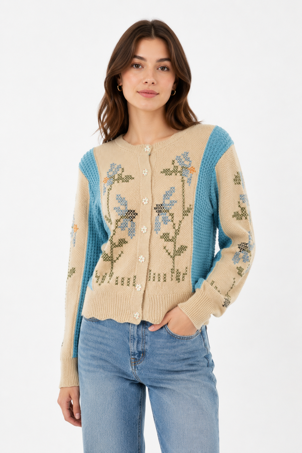 Meadow Stitch Embroidered Cardigan - Blue