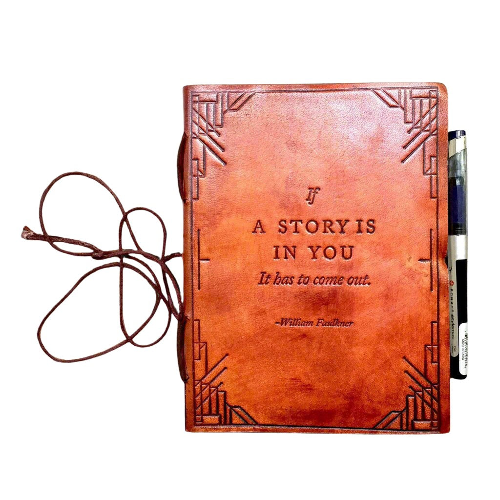 "If A Story" Handmade Leather Journal with poetic quote pressed into the cover – a quiet companion for twilight thoughts