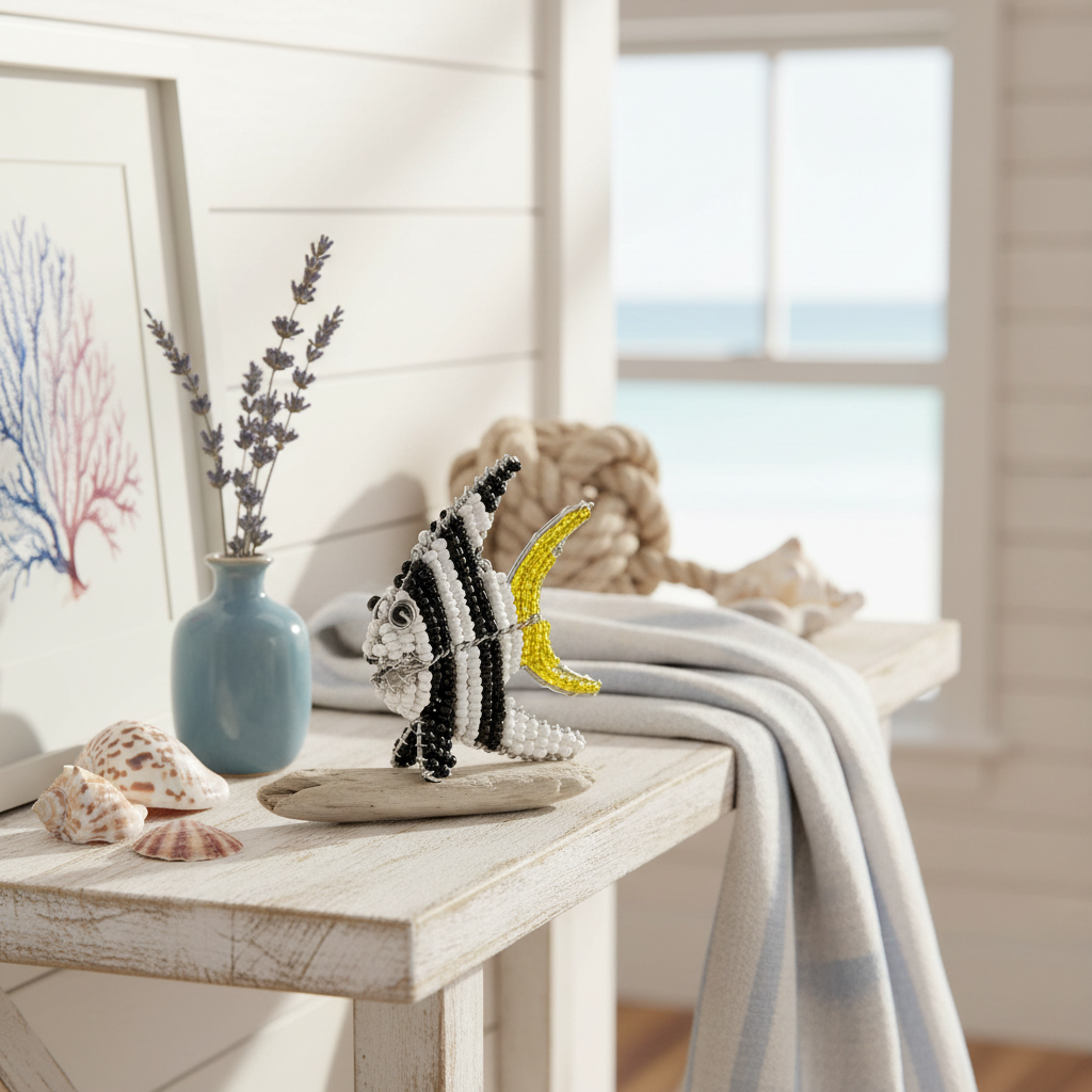 Handmade beaded miniature angelfish sculpture displayed on a coastal home decor shelf