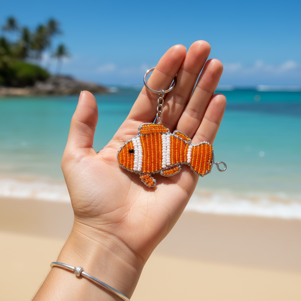 Clown Fish Keyring Set of 6 held in hand at the beach