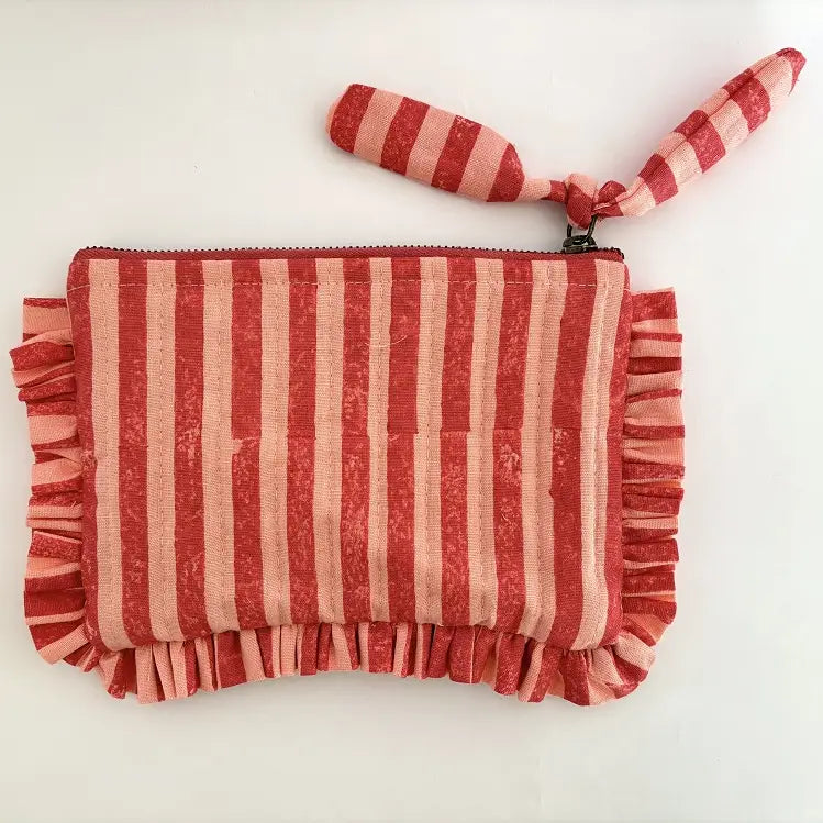 Handmade Quilted Pouch Pink Red Stripes 8x5 Inches Cotton - Casa Amarosa