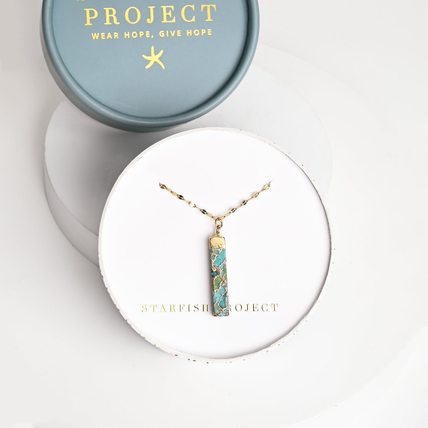 Necklace with gold shaded pendant in white gift box, Starfish Project, necklace company, jewelry web, unique xmas present ideas