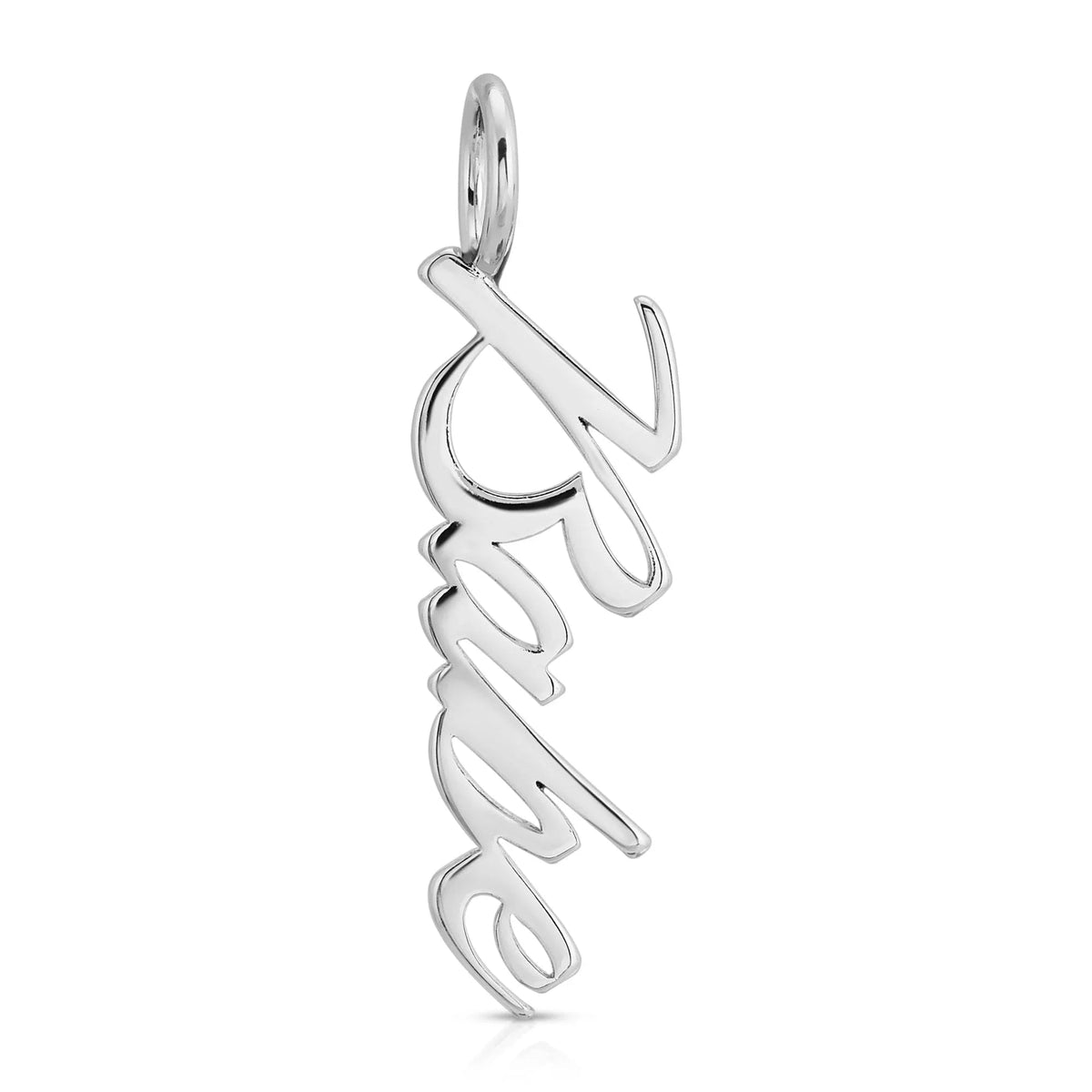 Silver Raige name pendant from Silver Script Pendant Babe displayed in shiny jewelry image