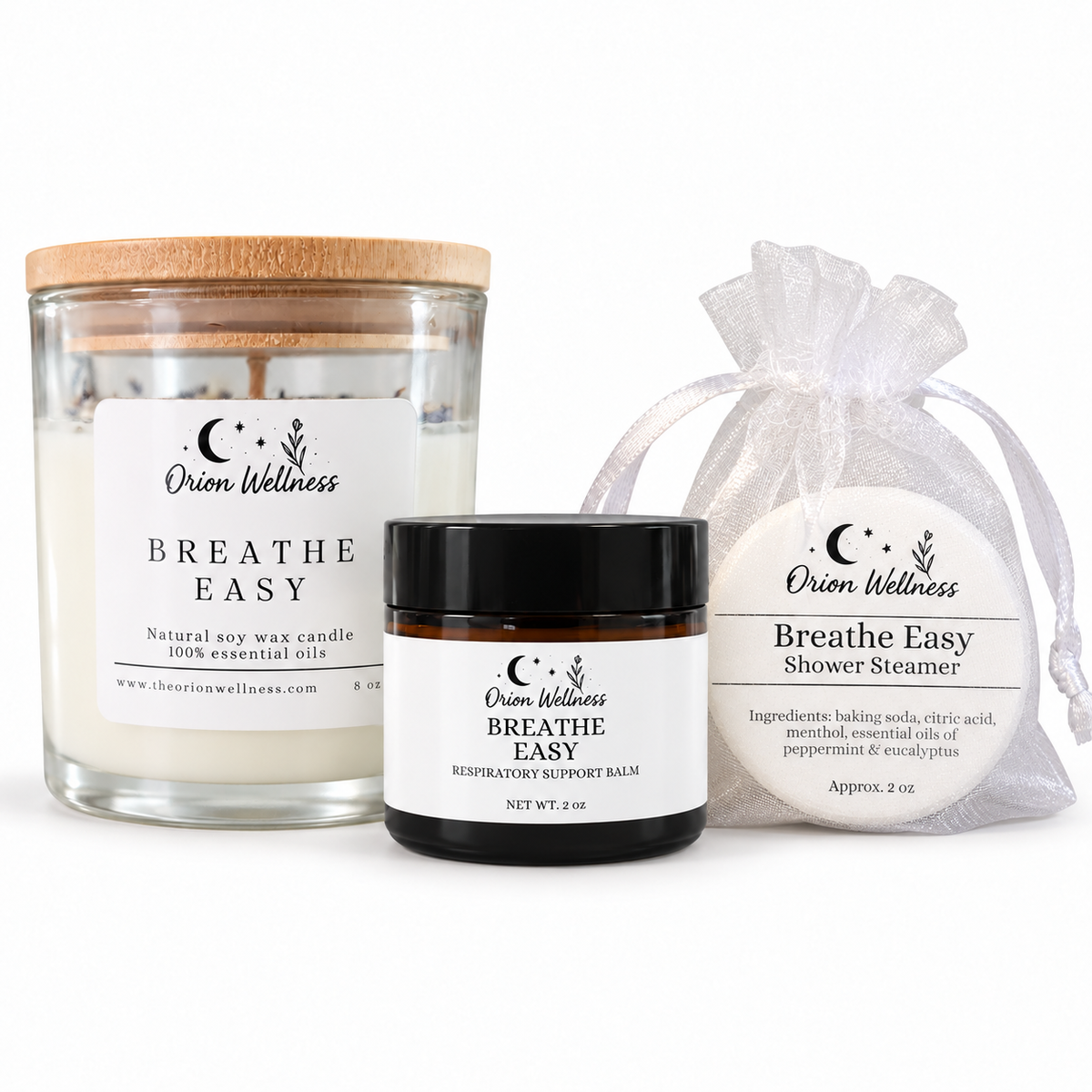 Breathe Easy Shower Ritual with Breathe Easy candle, 2 oz salve and current Breathe Easy shower steamer on white