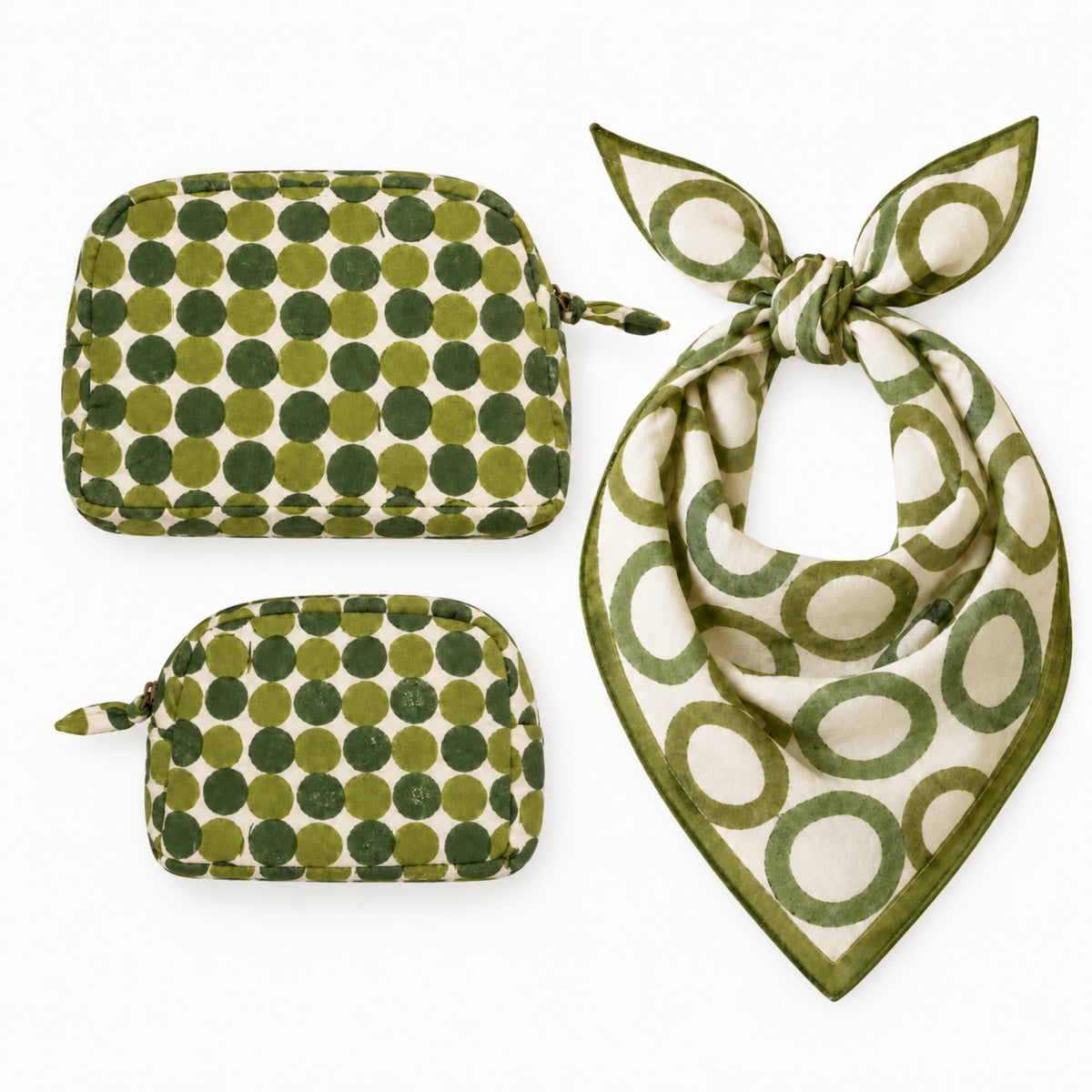 Basera & Baadal Cotton Scarf & Pouch Set – Olive Green Circles