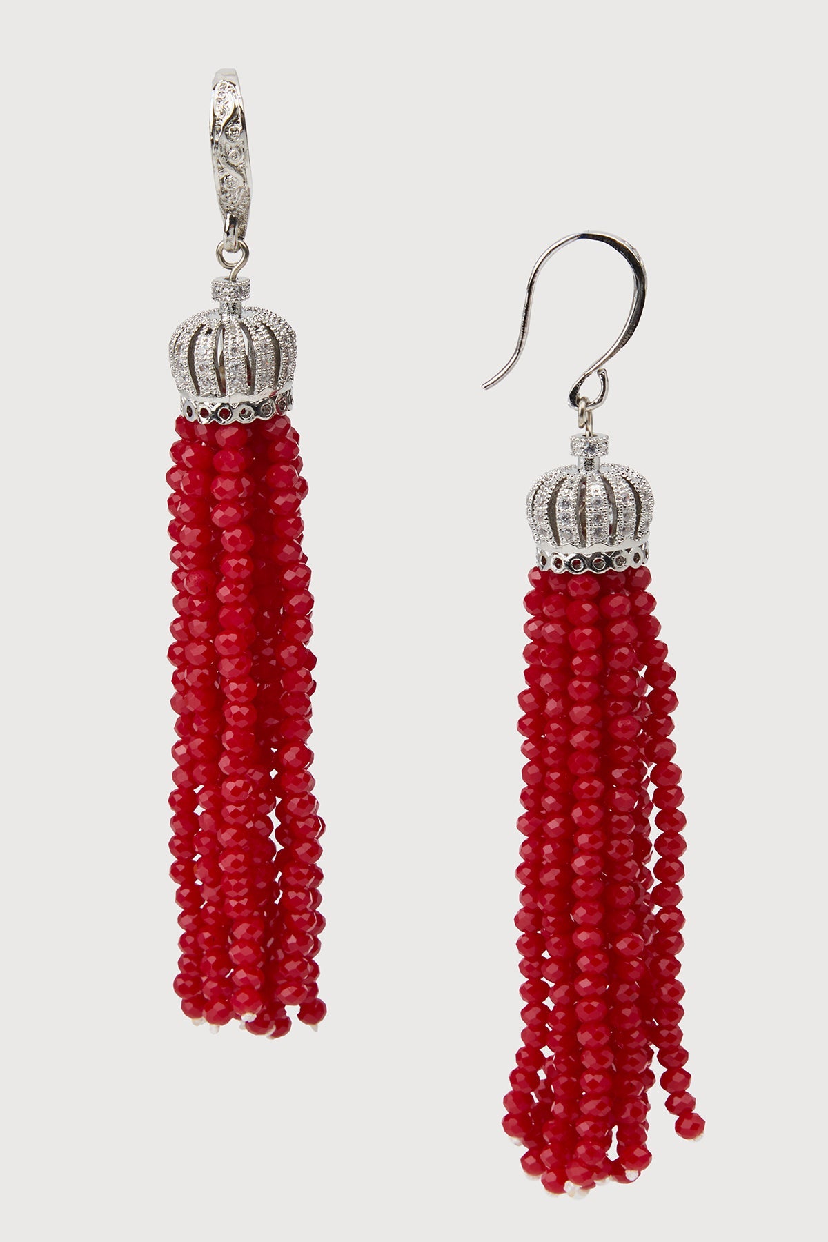 Crown Tassel Drop Earrings - Red