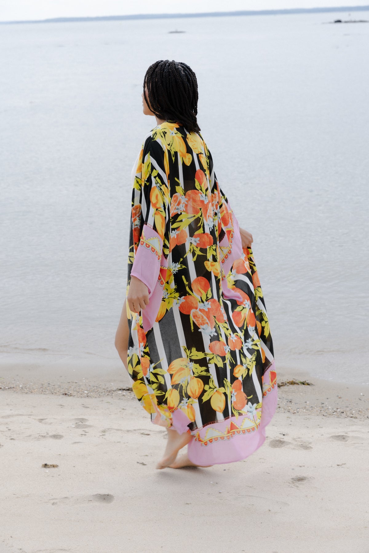 Citrus Print Kimono Long - Black