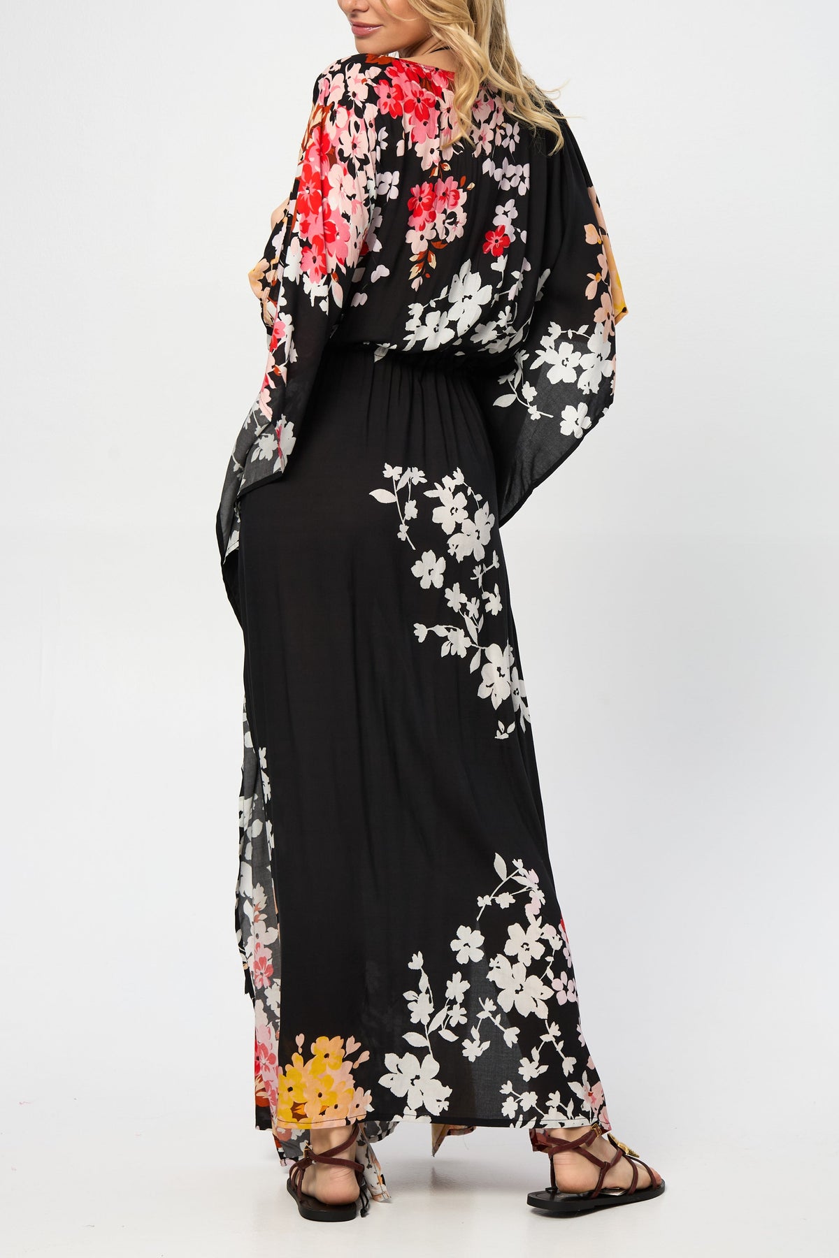 Multicolored Fiore Tie Waist Keyhole Kaftan - Black Combo