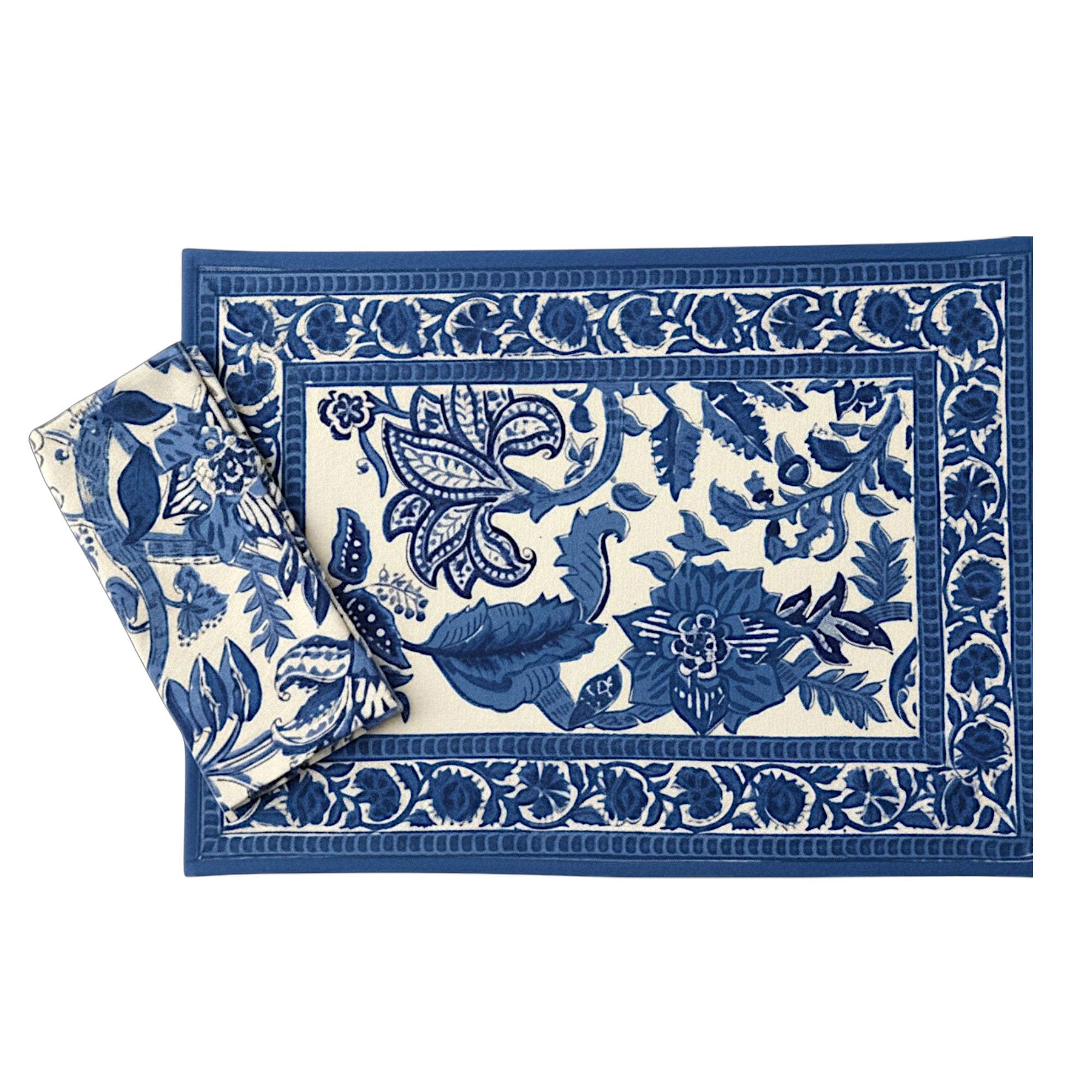 S/4 Cotton Placemat & Napkin, Blue Floral Block Print