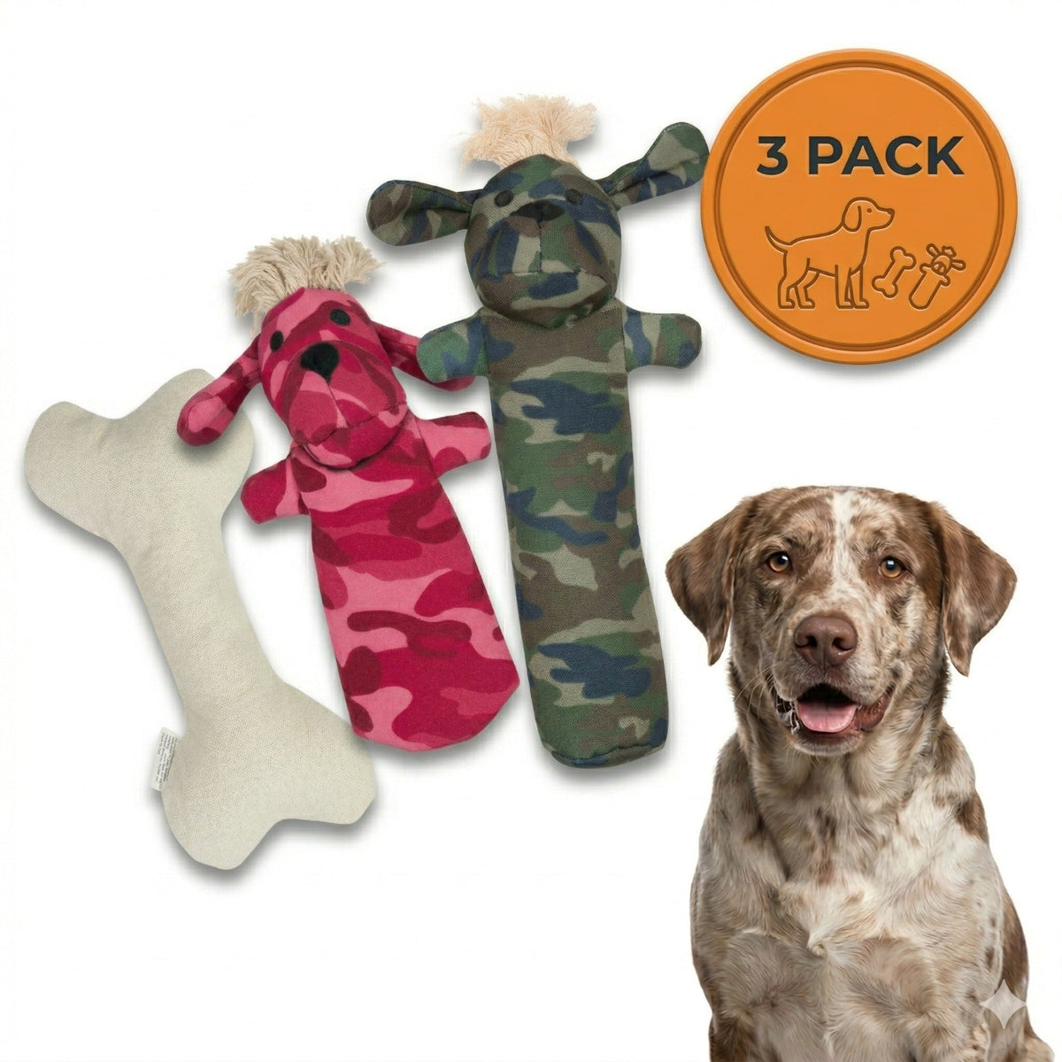 Squeaky Dog Toy Set – Non-Toxic Cotton Canvas – Sarg, T-Bone & Pinky