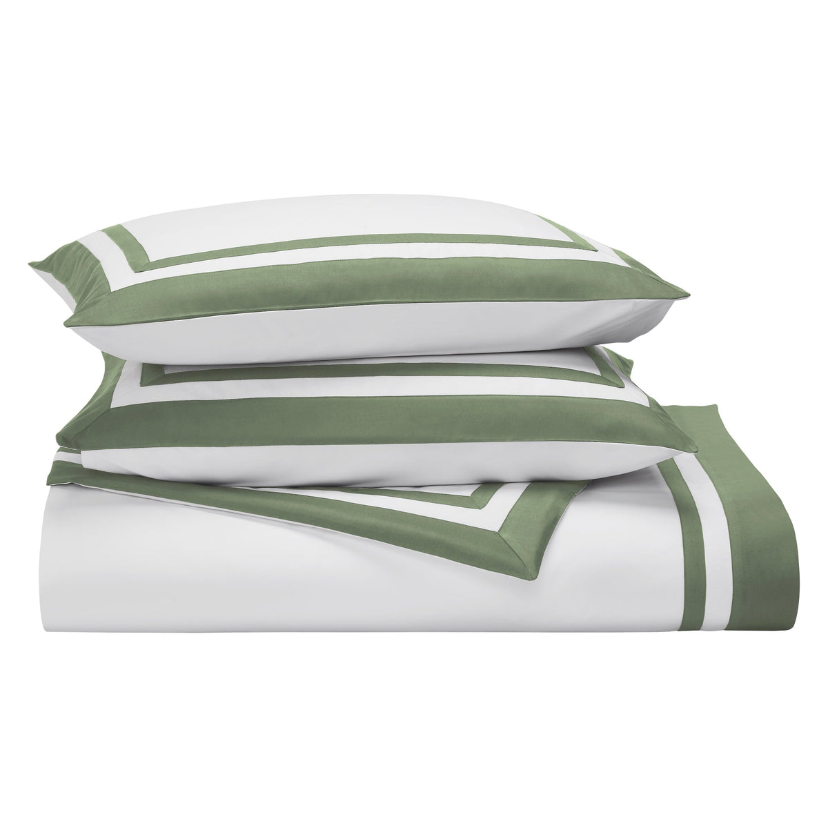 DT-062-9092_4|Stacked luxury white duvet cover with bold green double stripes, folded neatly with matching bordered pillows.