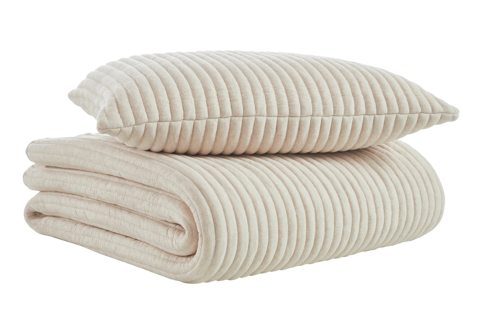QT-368-9496_6|Stacked beige ribbed velvet quilt with matching pillow, featuring soft texture and elegant design for bedding.