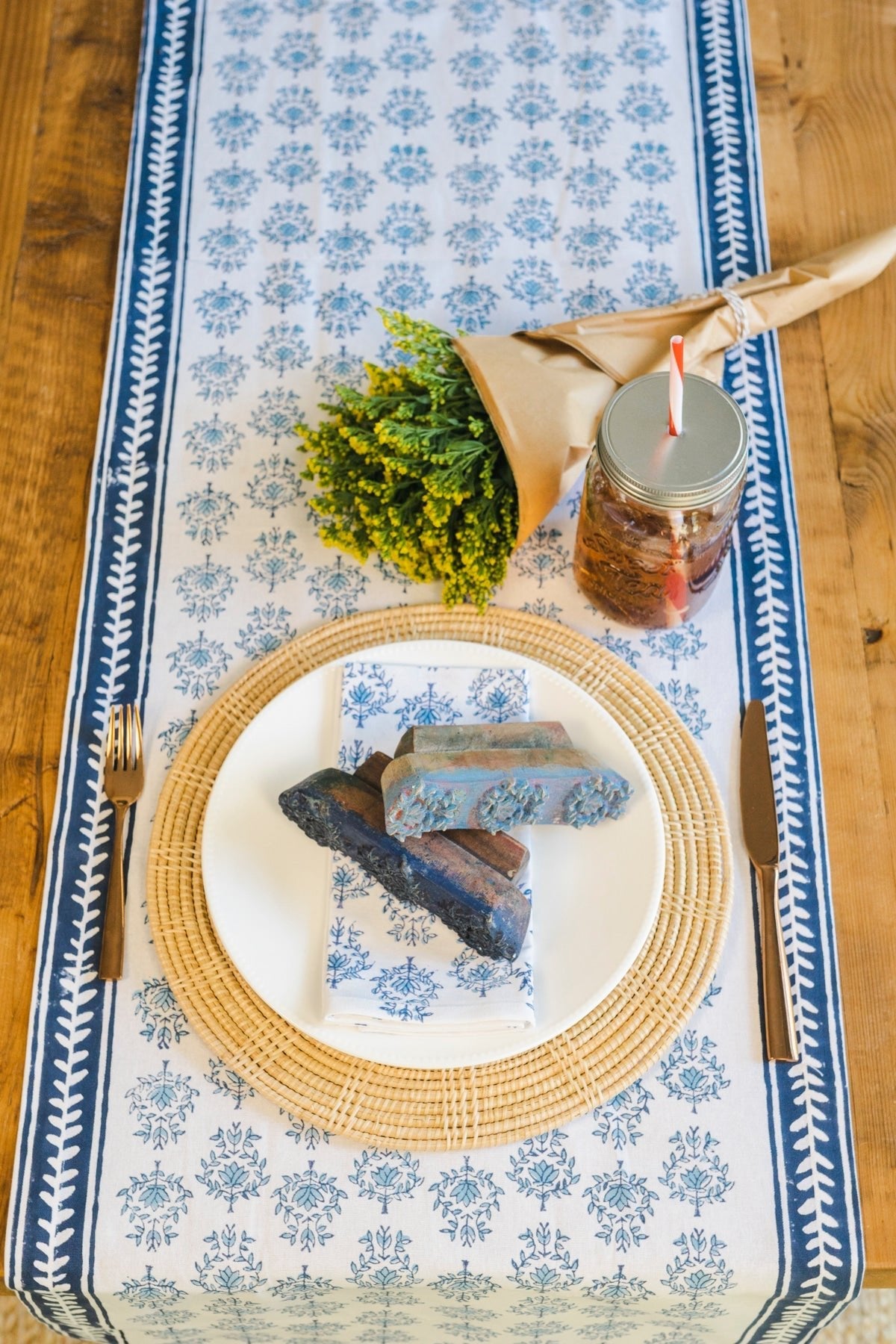 Table Runner - Lotus, Uniform Blue & Navy - The Mended Company
