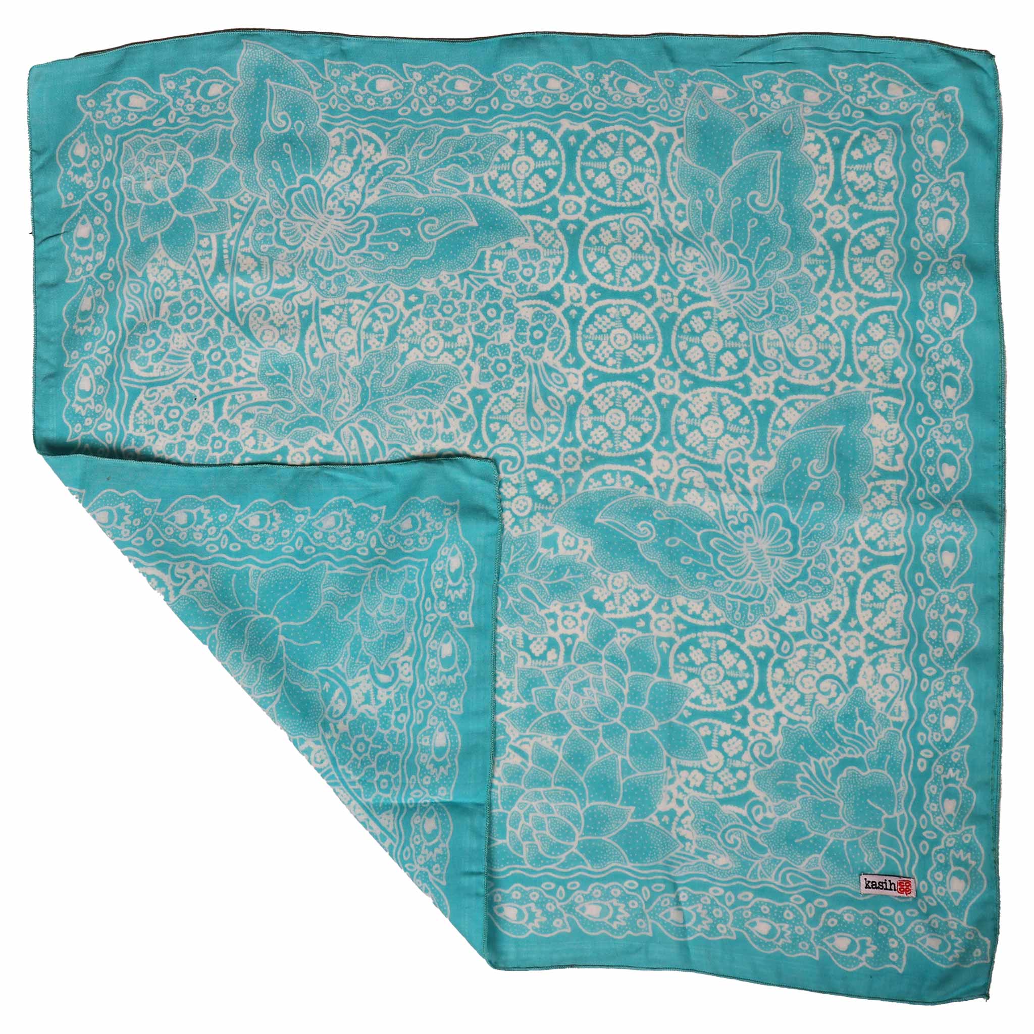 Fully Hand Drawn Batik Tulis Bandana, Teal Tile, Butterfly, Turquoise