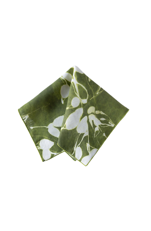 Porto Print Olive linen dinner napkin set of 4 styled on dining table - Goldie Home