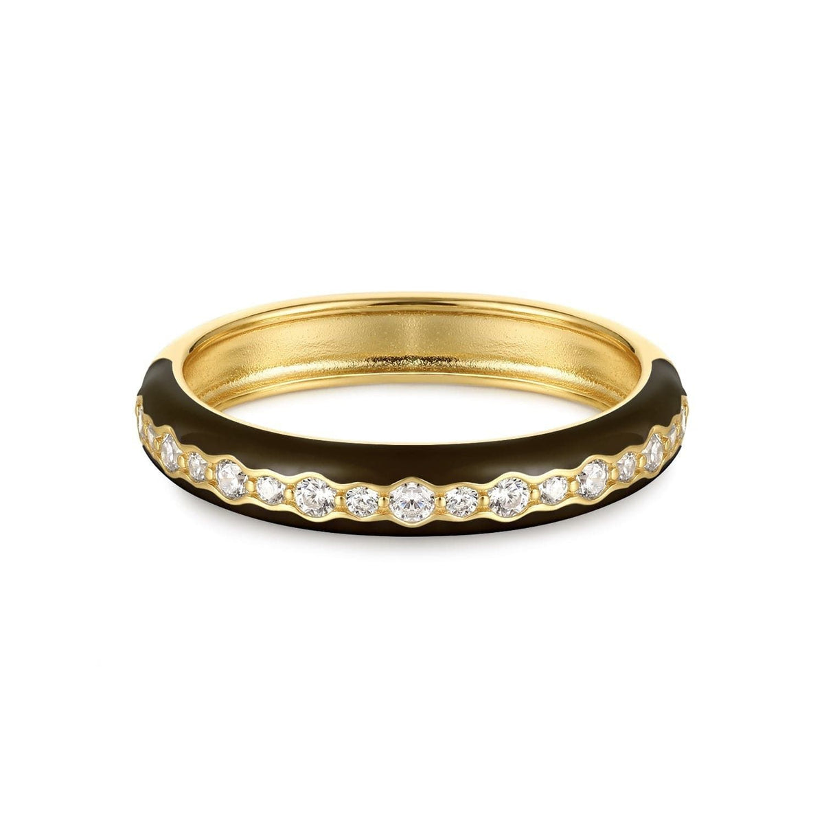 Gold ring with black enamel and sparkling CZ stones in the Thin Black Enamel & CZ Channel Ring