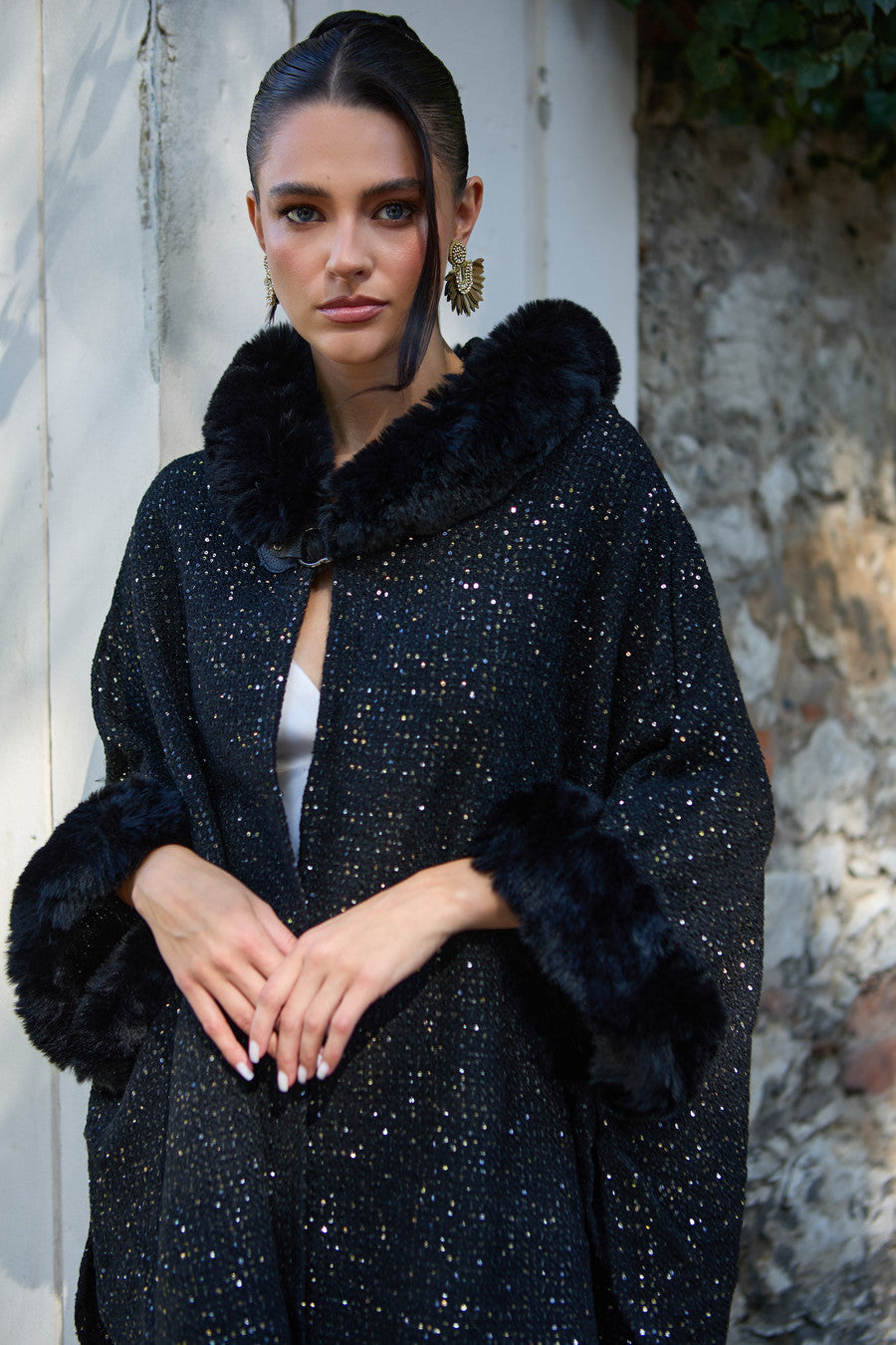 Sequin Kimono Faux Fur Hood - Black