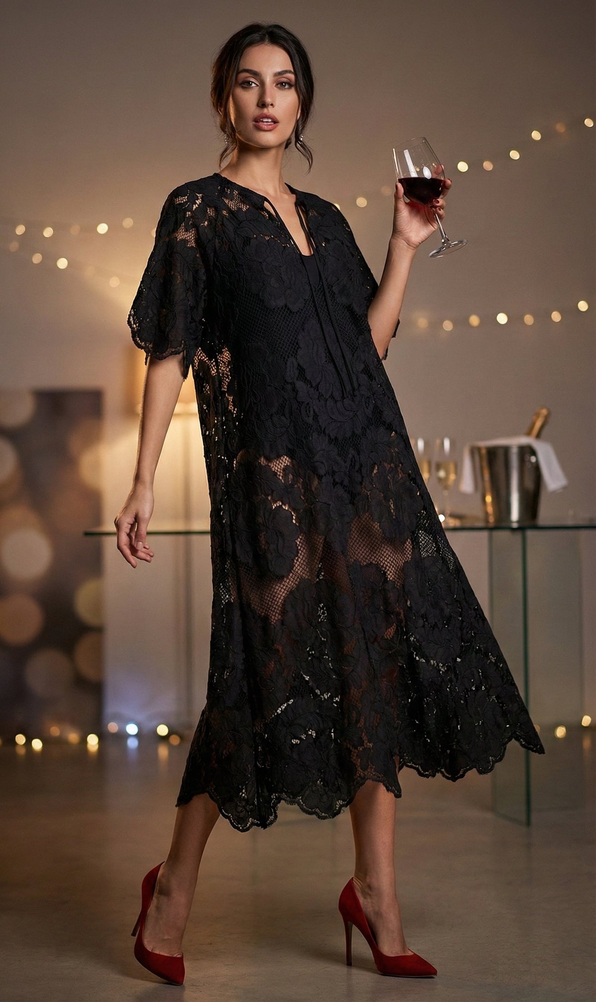 Floral Mesh Lace Kaftan - Black